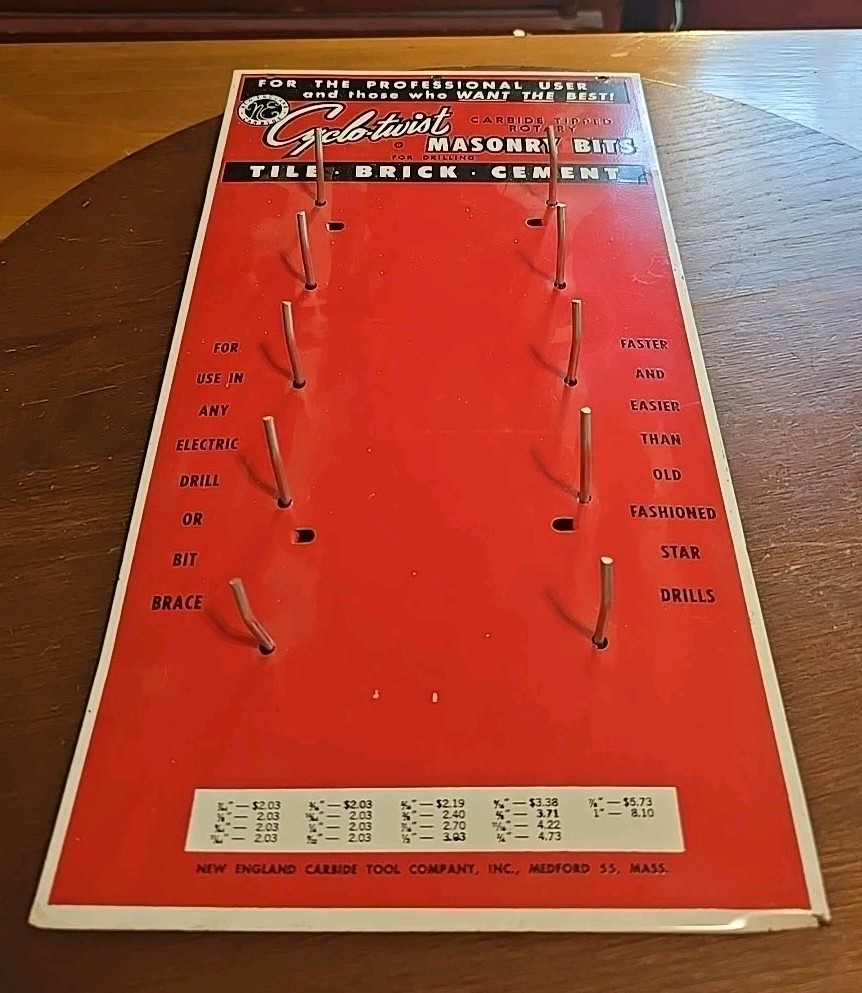 Vintage New England Carbide Tool Advertising Tin Drill Bit Display Pricing Rack