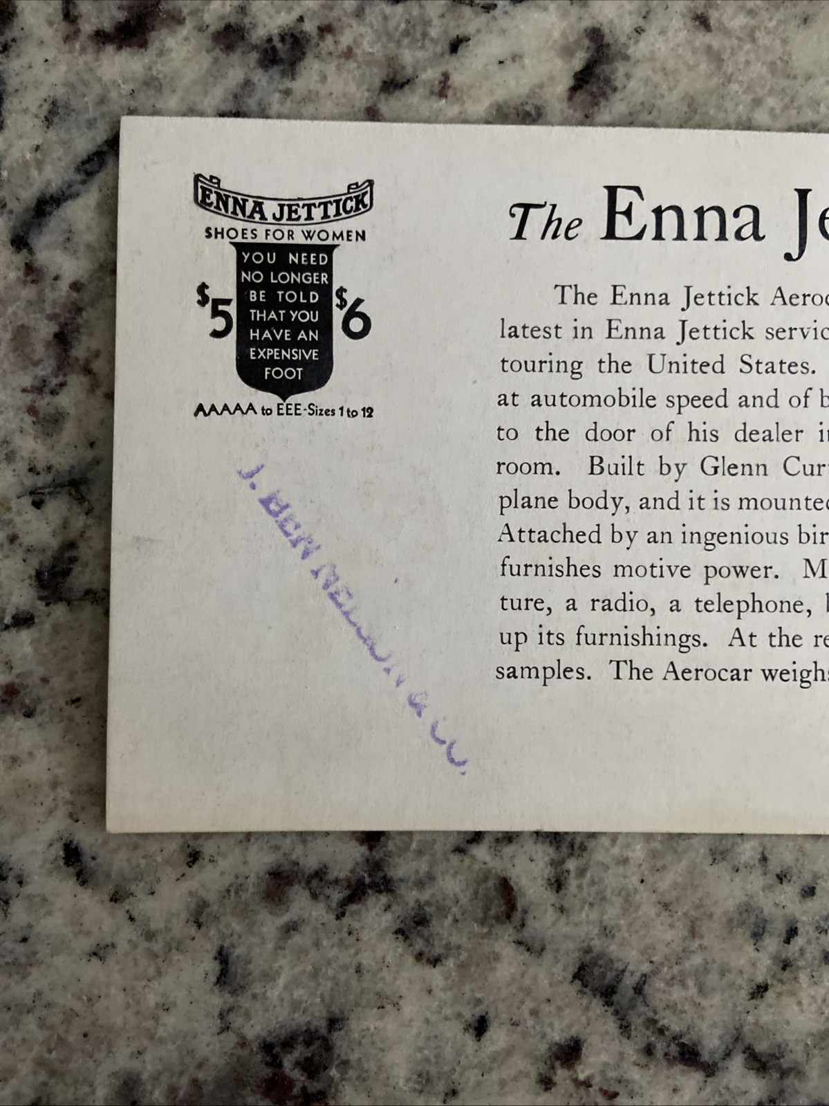 1930 Trade Card Curtiss Airplane Aerocar Trailer Enna Jettick Shoe Sales Display