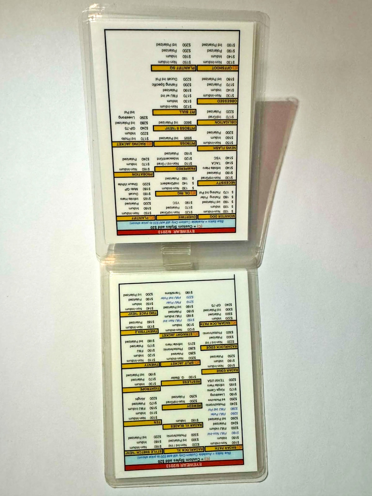 2013 Oakley Store Pricing Cards