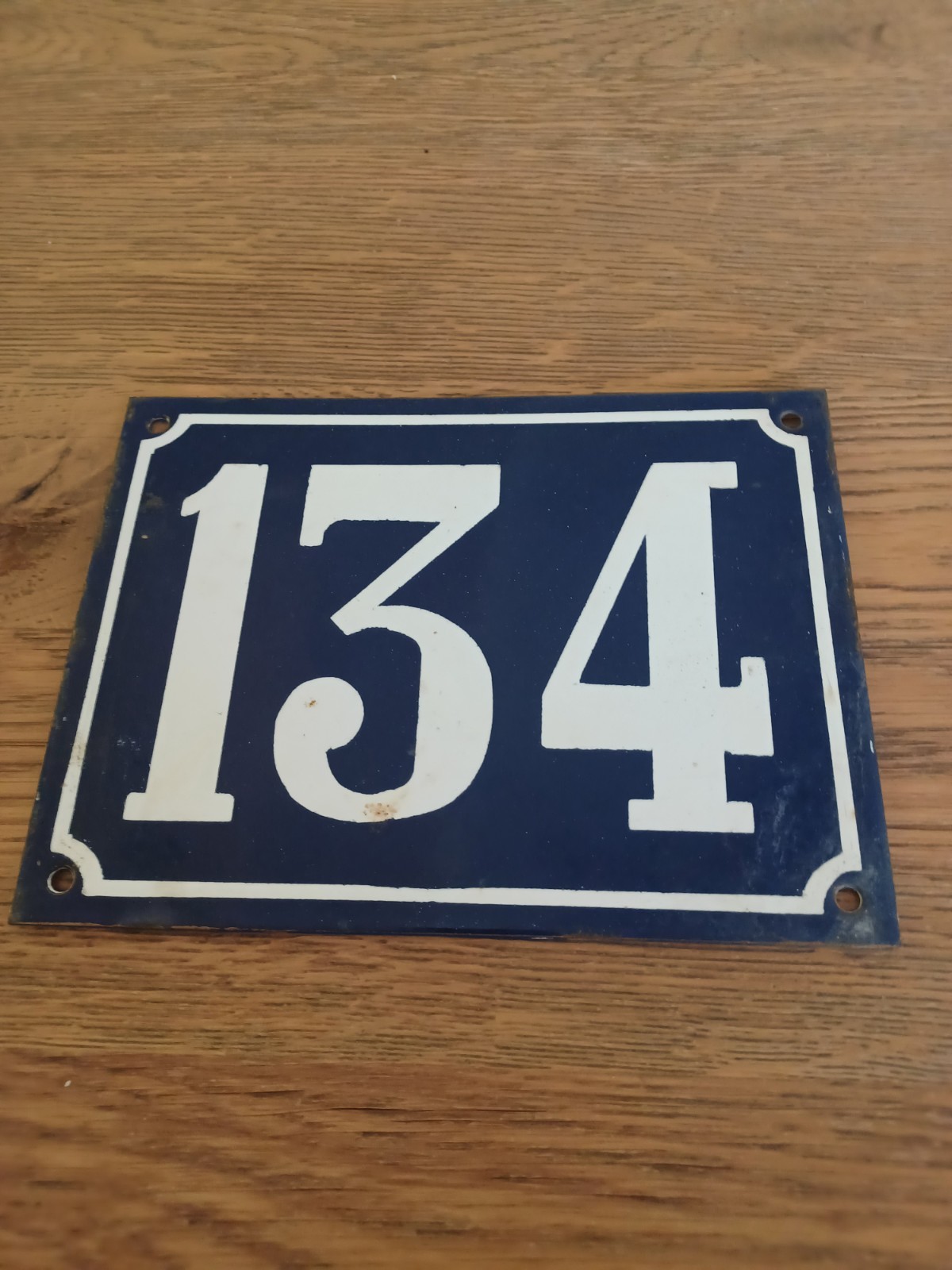 Large Antique Enameled Plaque Street Number 134 20X15cm Navy Blue Enamel
