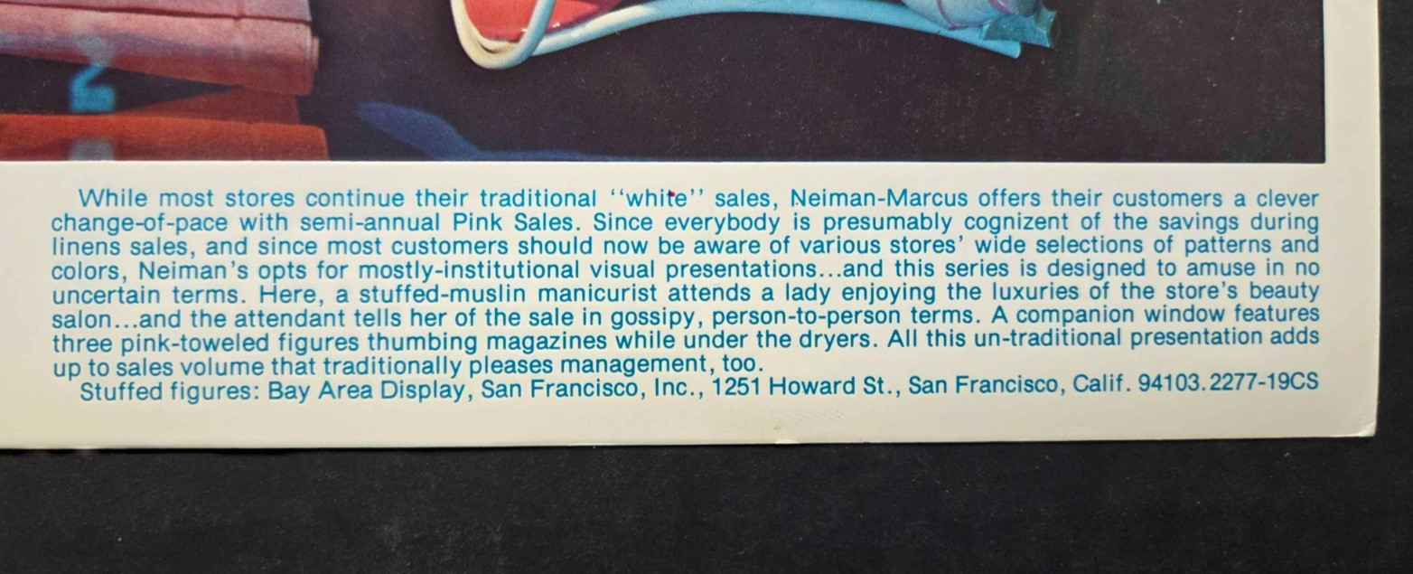 1977 NEIMAN-MARCUS, DALLAS WINDOW DISPLAY PHOTO PRINT PINK SALE
