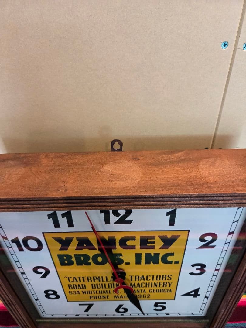 YANCEY BROS. INC. Vintage 1940s Wall Clock Caterpillar Tractors Wood Frame