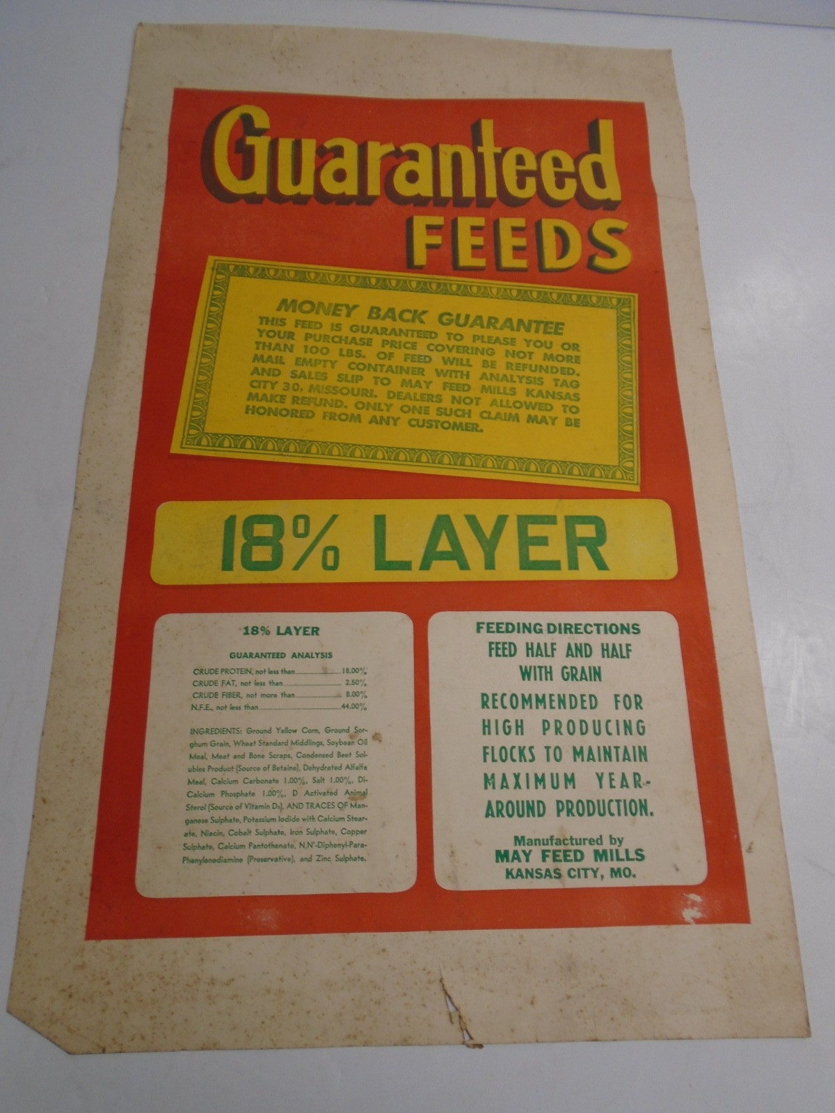 Vintage “GUARANTEED FEEDS” STORE DISPLAY POSTER-May Feed Mills, Kansas City, Mo.