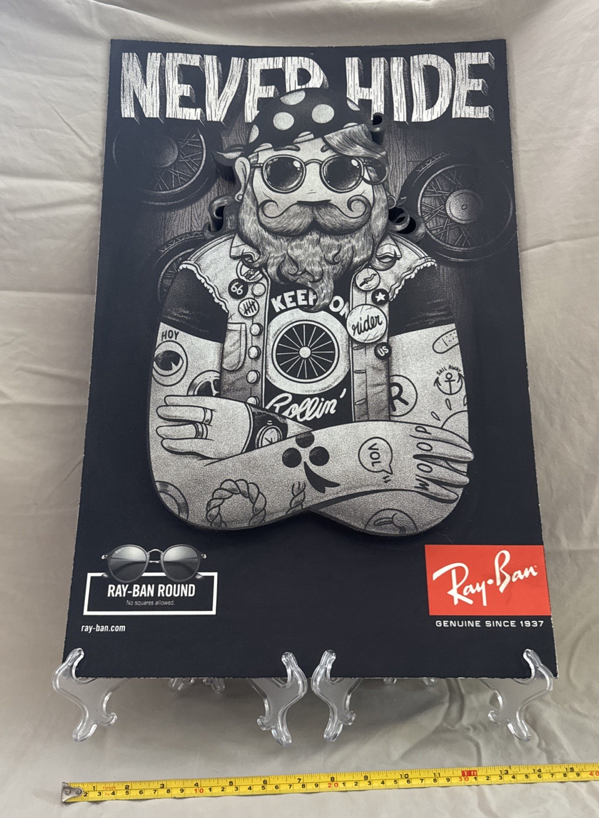 Ray-Ban “Never Hide” Store Display Sign – 3D Effect Round Promo, Rare