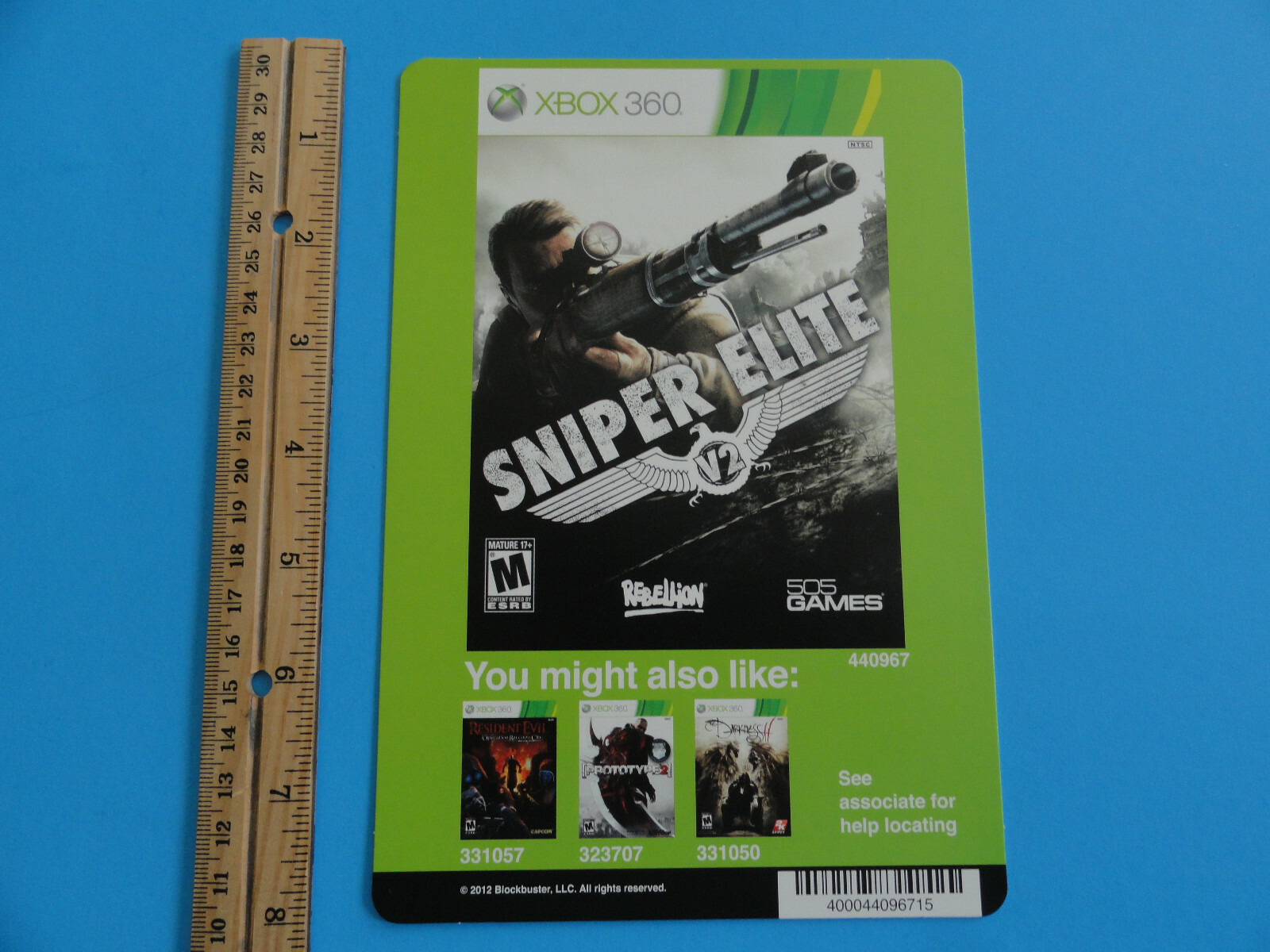 XBOX 360 SNIPER ELITE V2 BLOCKBUSTER VIDEO BACKER CARD 5″X8″ -NO GAME
