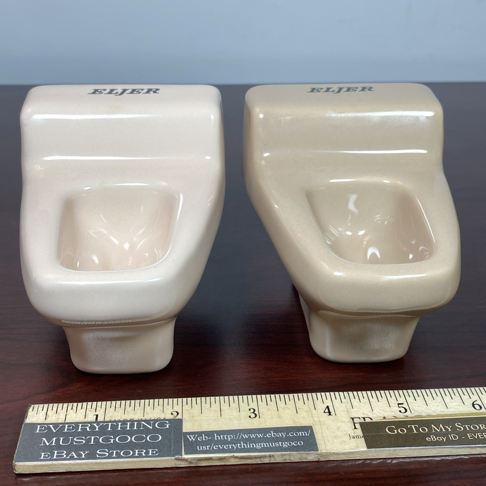 2 Vtg ELJER Salesman Sample Mini Porcelain Toilet Display Off White Pink Brown