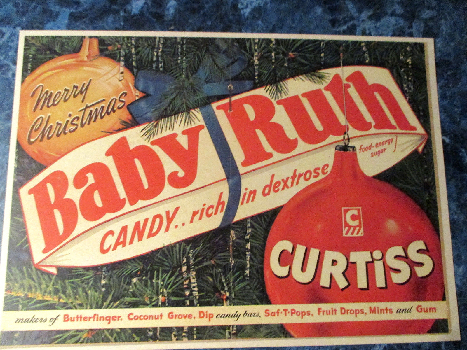 Vintage 1950’s Christmas Tree Advertising Grocery Sign Baby Ruth Ornaments