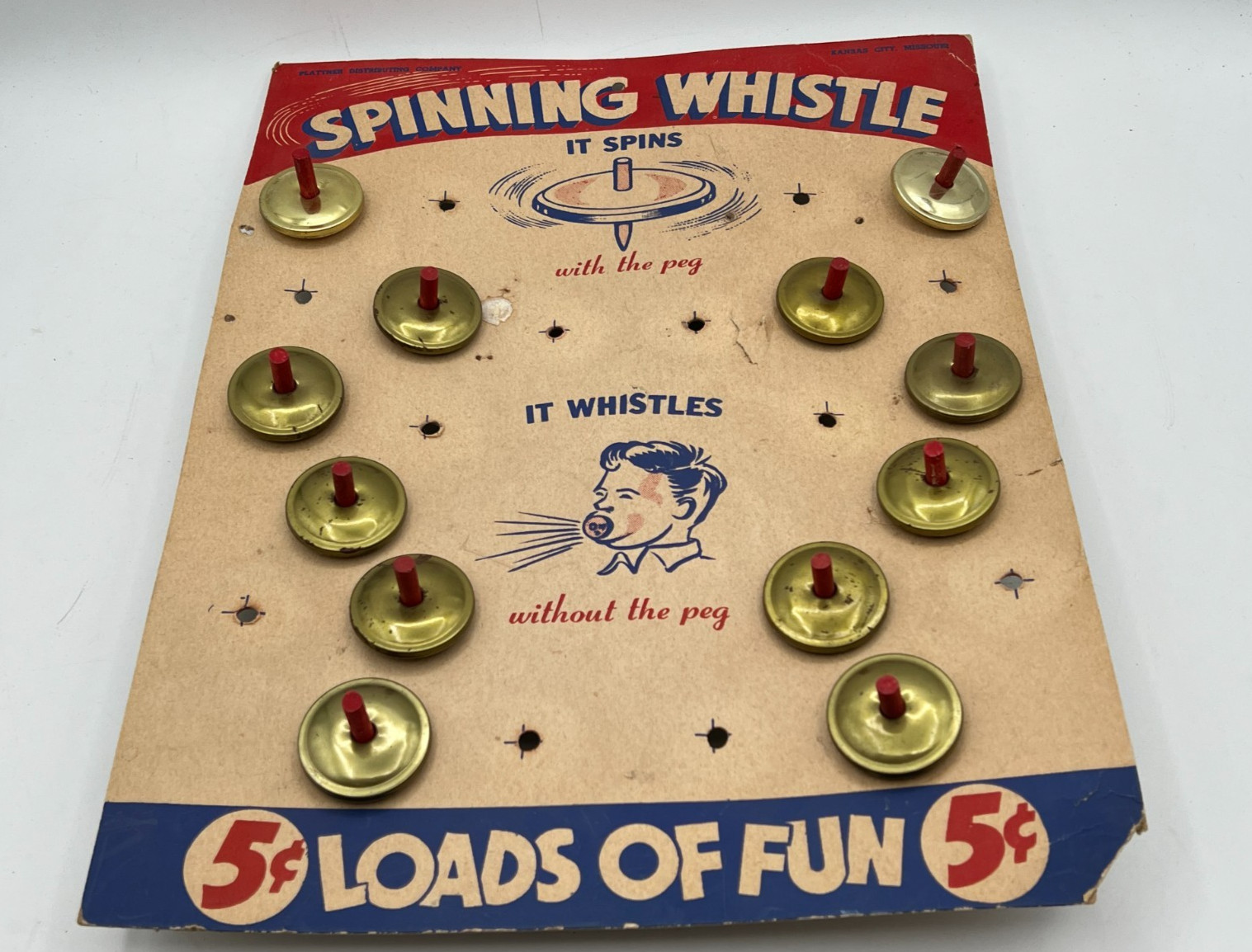 Vintage Plattner 1940’s Spinning Whistle Store Display Card w/ 12 Spinning Tops