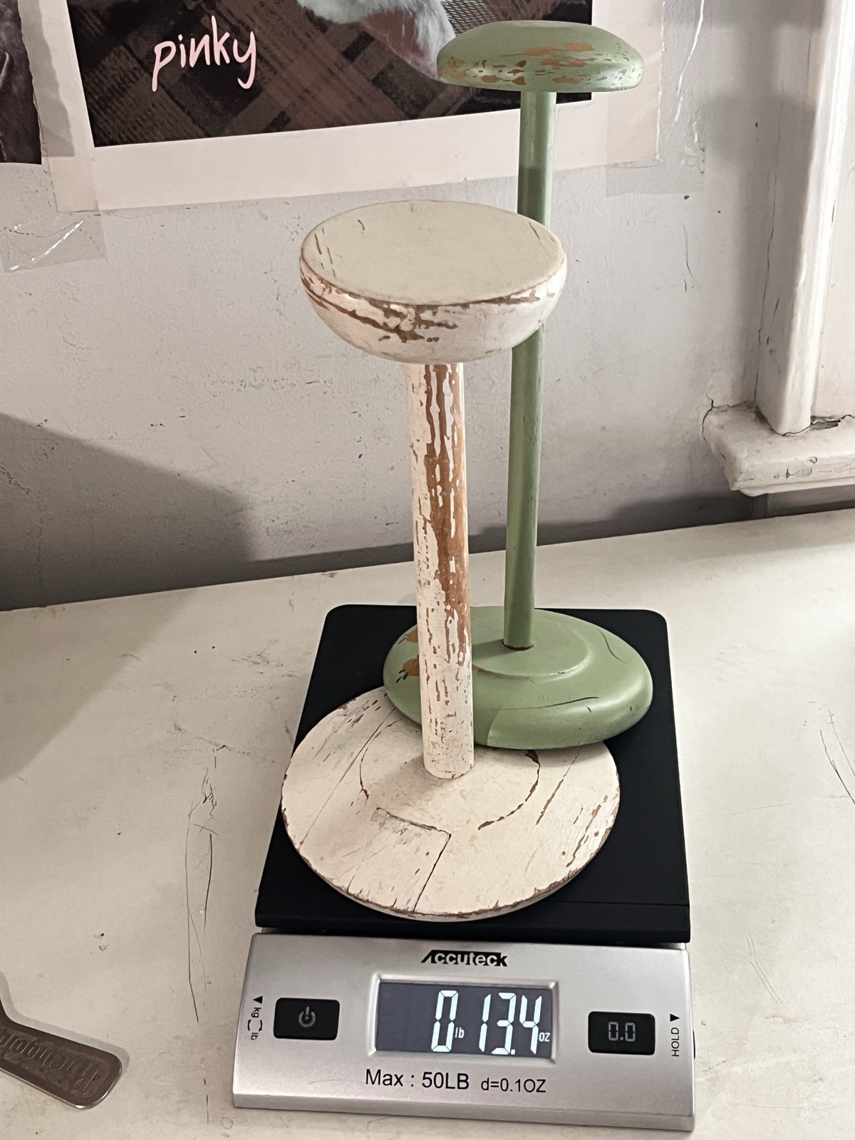 Lot of 2 Vintage Painted Green/White Shabby Wooden Hat Stand Millinery Display
