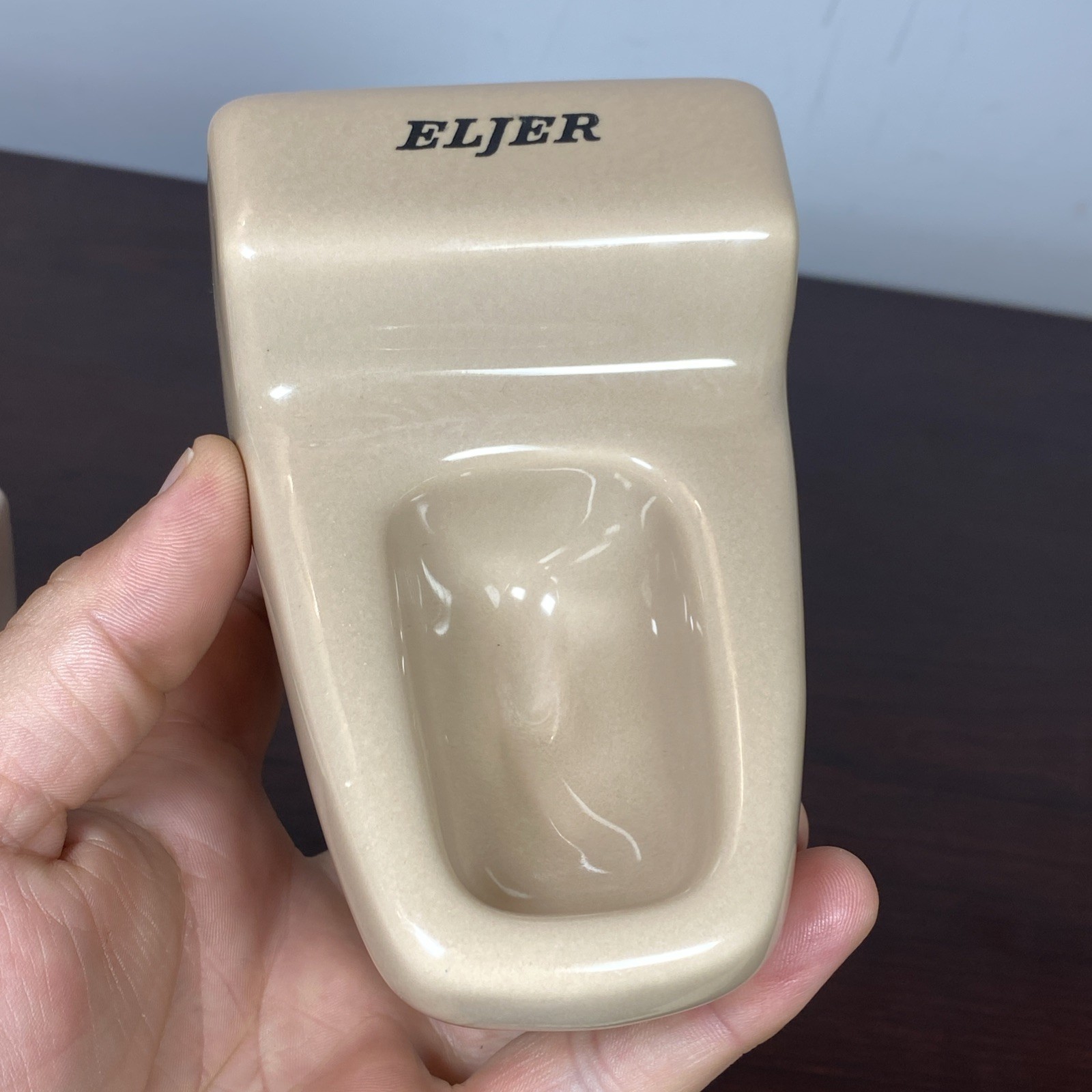 2 Vtg ELJER Salesman Sample Mini Porcelain Toilet Display Off White Pink Brown
