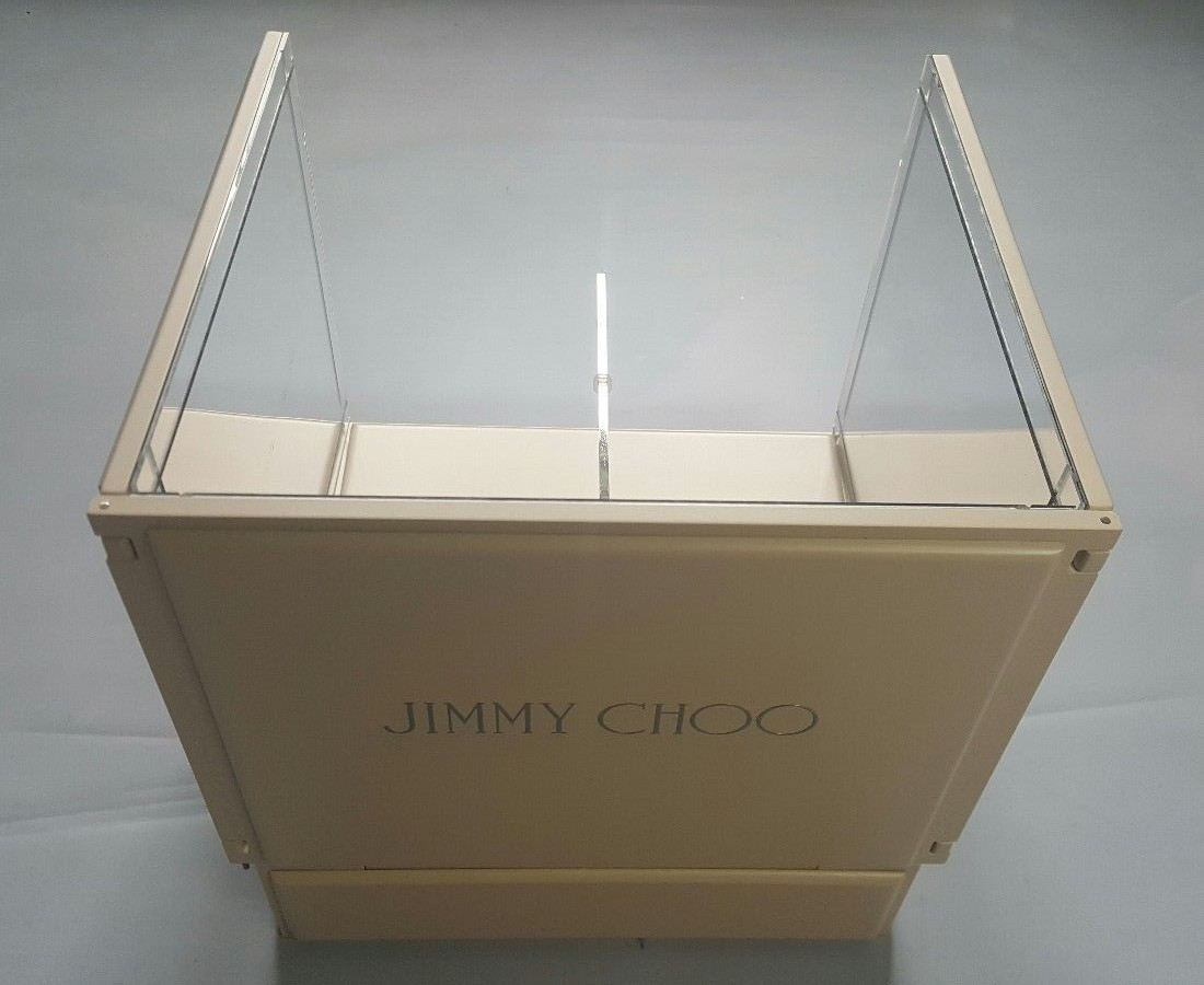 JIMMY CHOO BEIGE ONE PIECE LOGO DISPLAY IN LAQUERED WOOD MIRRORED PLEXIGLASS