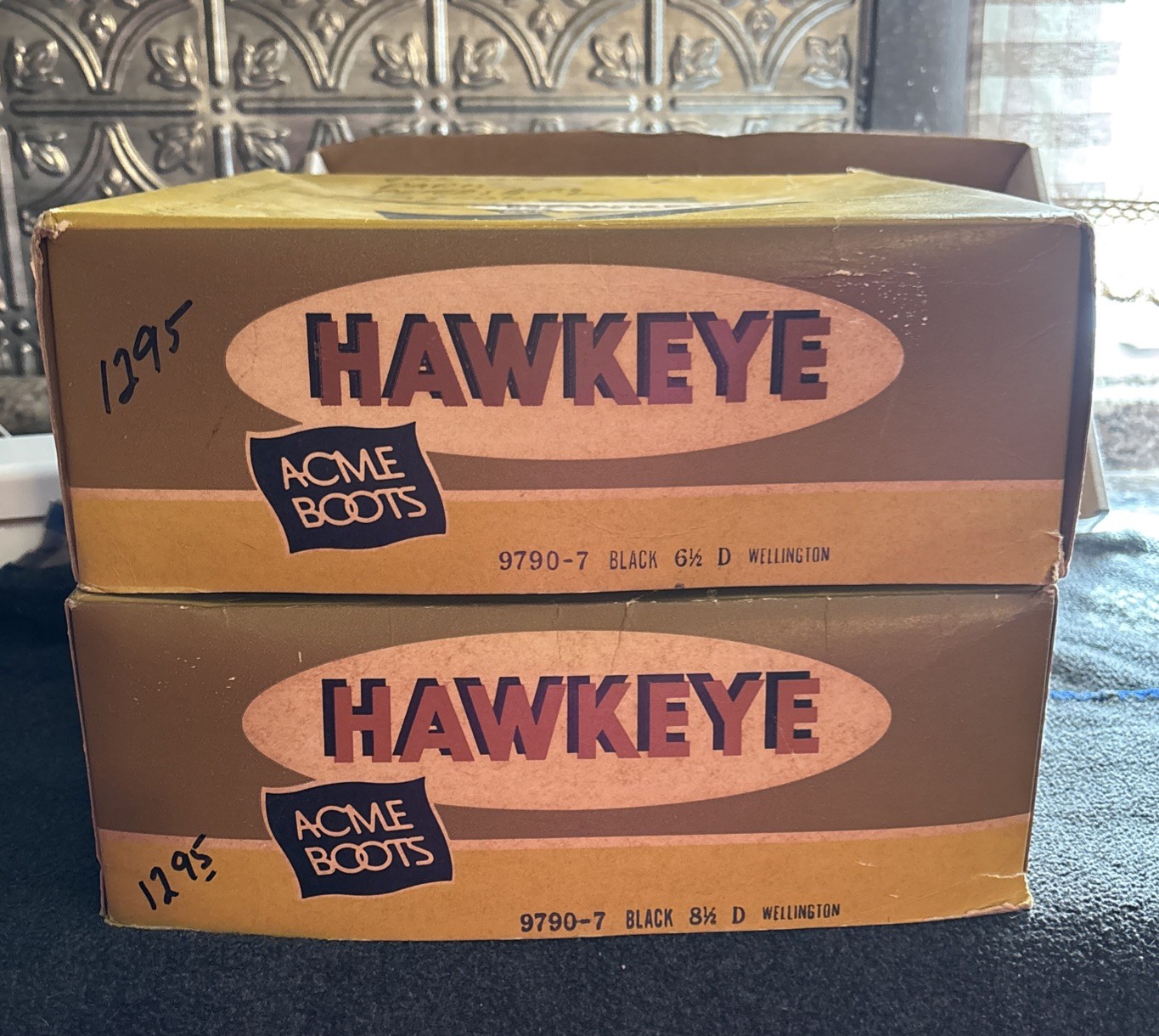 2 Vtg Acme Boots Hawkeye Box Graphics Advertising 12×13 Empty Boxes. See Desc.