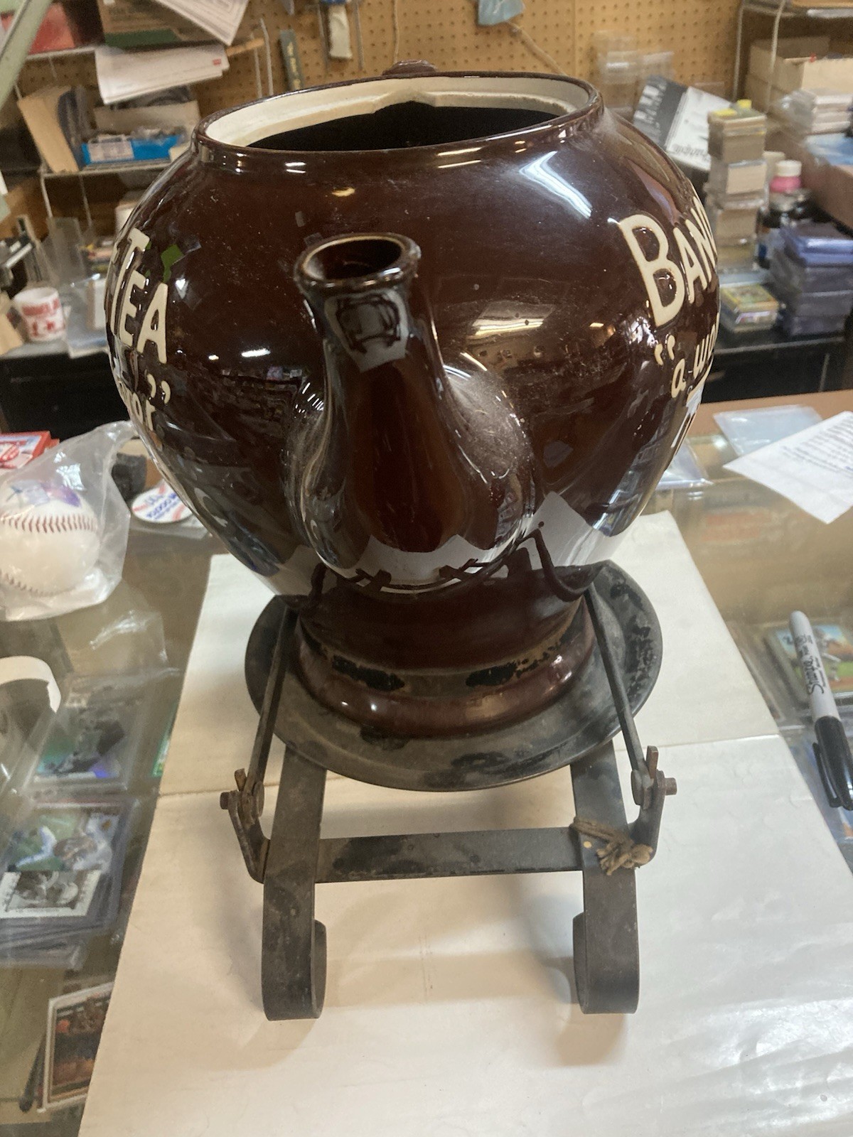 Large Banquet Tea Store Display With Rare Original Metal Bottom Easel Lid Broke