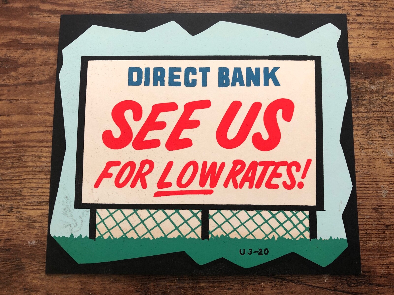 Vintage BANK STORE SIGN Cardboard STREET BILLBOARD mcm Mid Century 1960’s