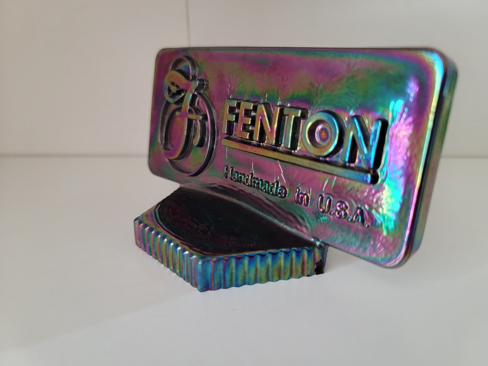 FENTON Iridescent CARNIVAL Glass Rectangle Dealer Sign LOGO, Purple.
