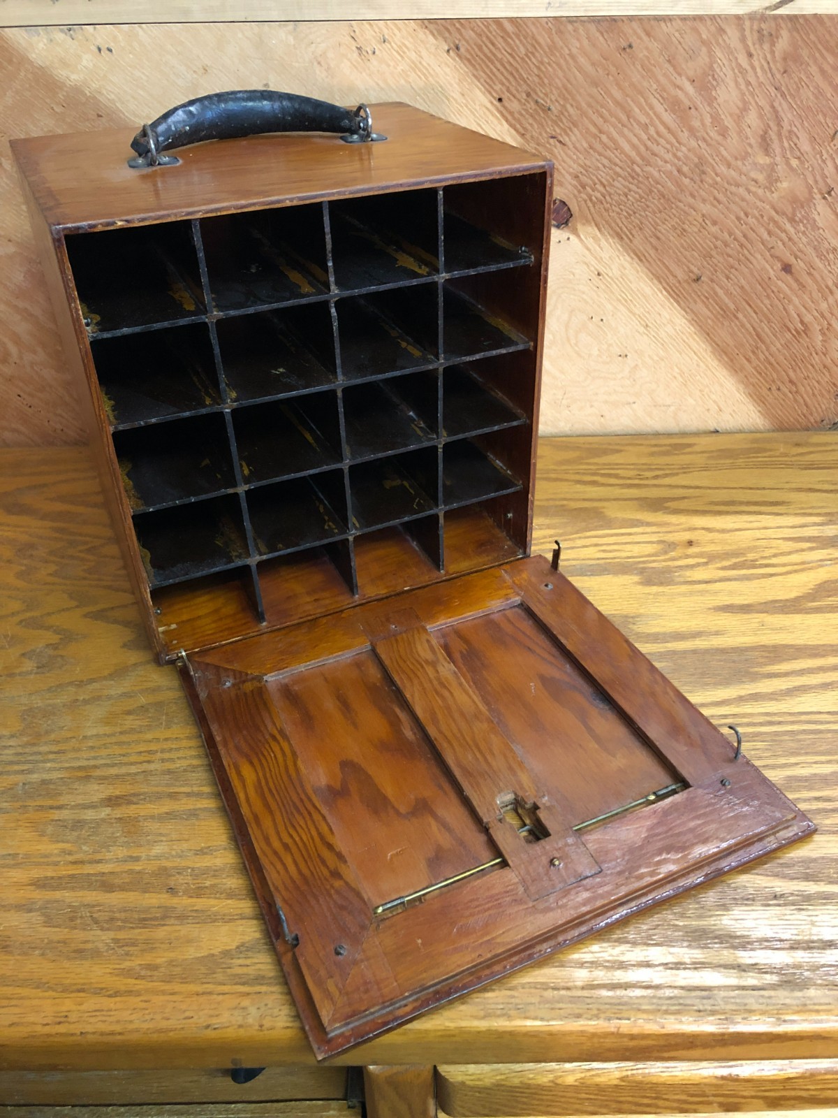 Vintage Wood Pigeon Cubby Hole Salesmans Divided Box W/ Carry Handle Drop Front