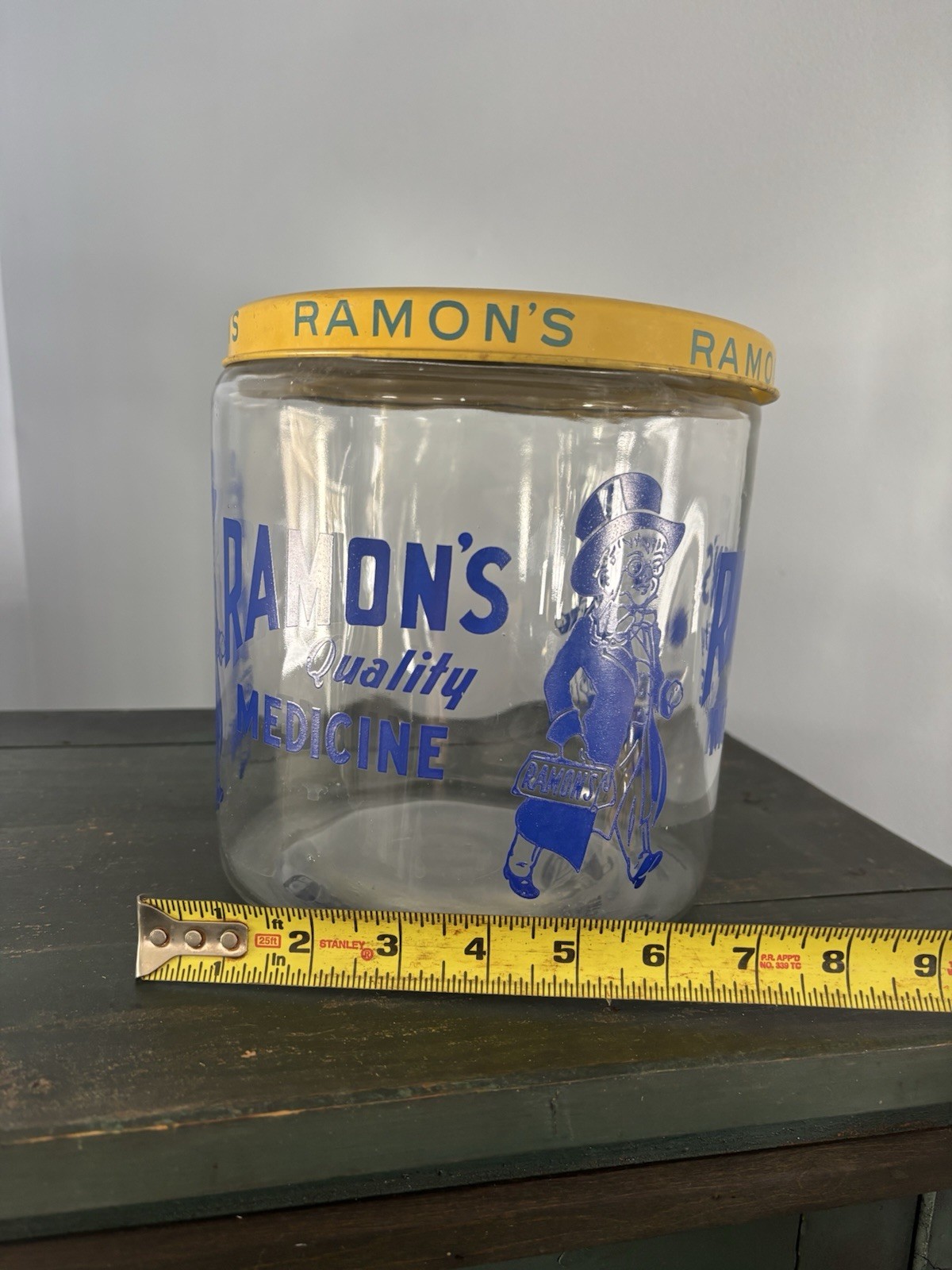 1930s Vintage Ramon’s Quality Medicine Store Display Jar Metal Tin Lid Rare