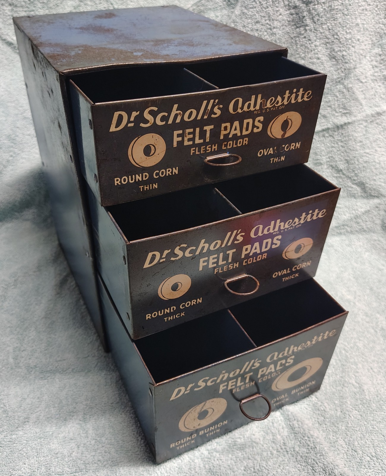 Vintage Metal Dr Scholls 3 Drawer Corn/Bunion Pad Store Advertising Display Case
