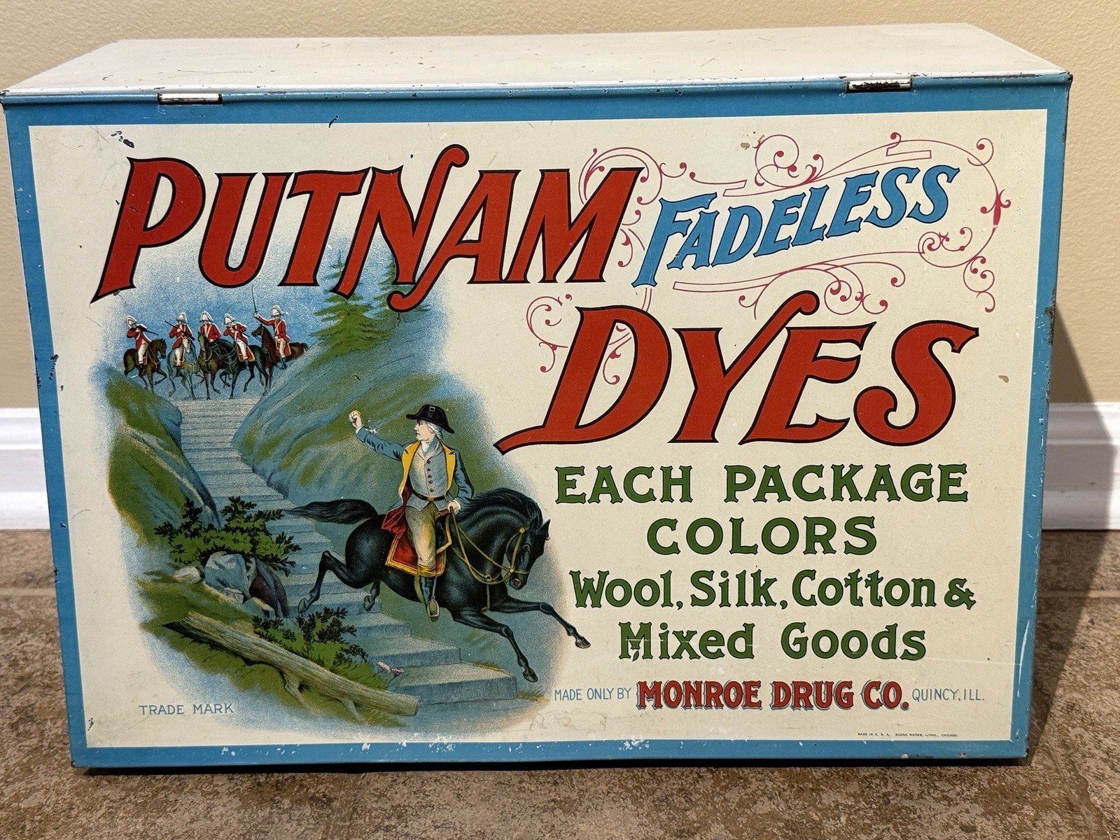 PUTNAM DYES Original Advertising Display ANTIQUE Store Metal Box Wood Dividers