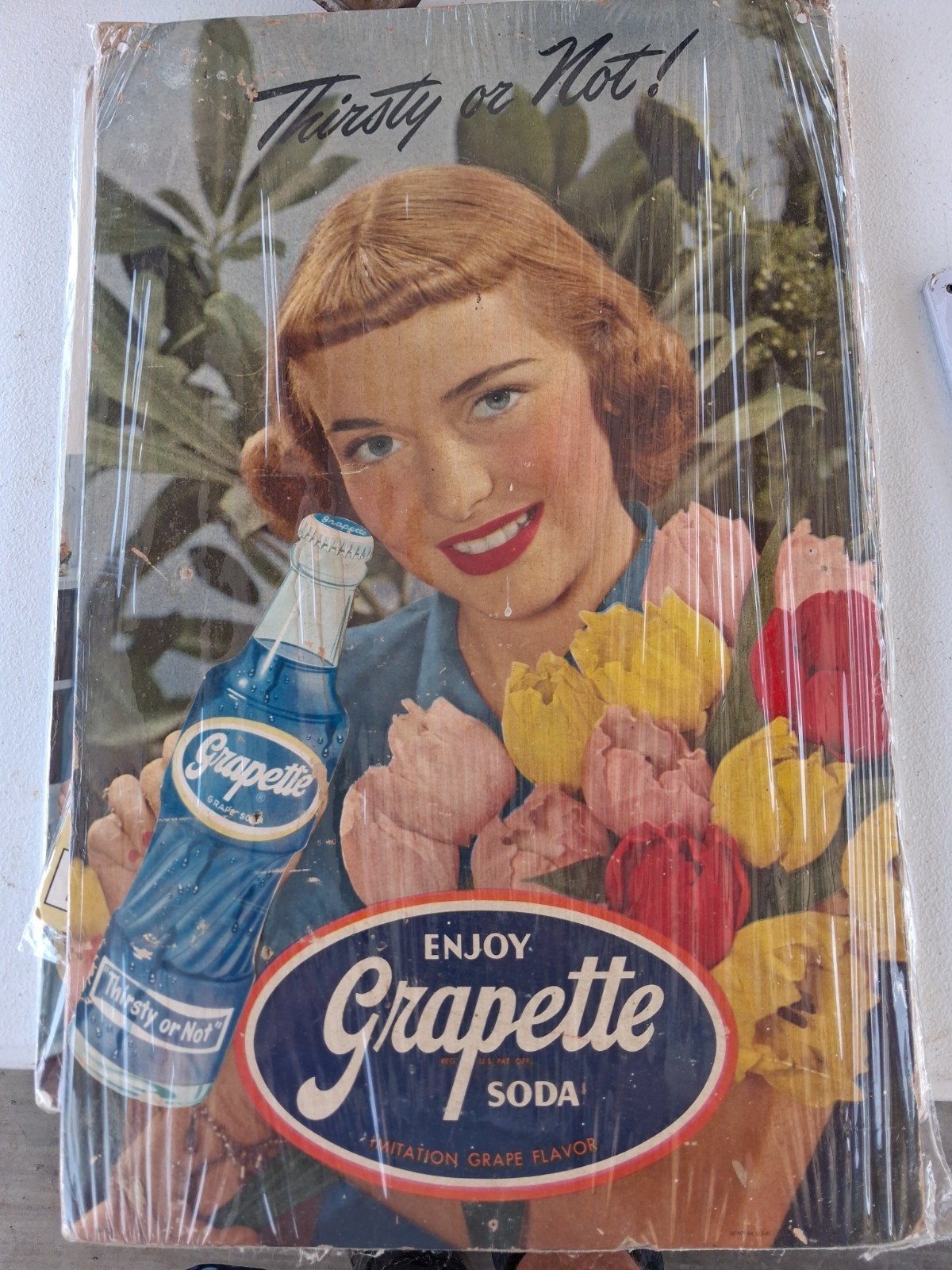 1940s Grapette Soda Store Display Die Cut Cardboard Advertising Easel Sign
