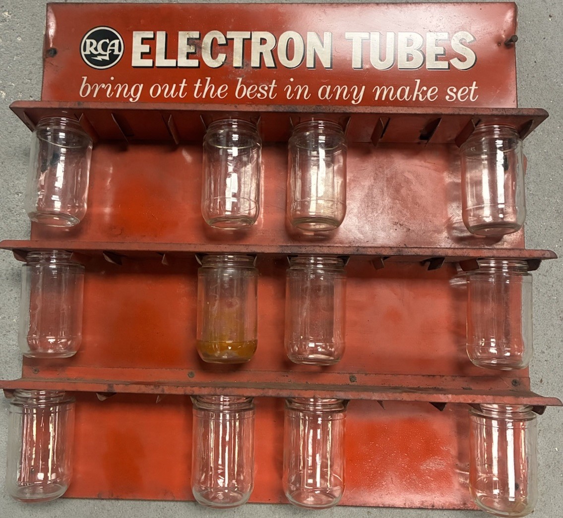 RCA Electron Tubes Display Sign Parts Rack wi 12 Glass Jars ~ Television Vtg