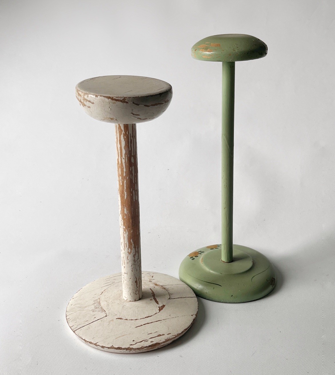 Lot of 2 Vintage Painted Green/White Shabby Wooden Hat Stand Millinery Display
