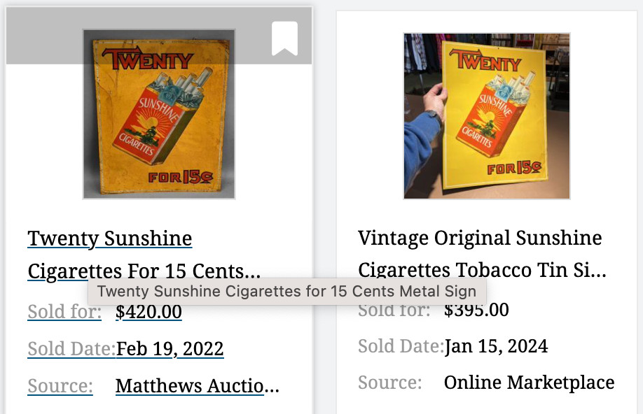 VINTAGE TWENTY SUNSHINE CIGARETTES FOR 15 CENTS 18″ X 13 3/4″ METAL TOBACCO SIGN