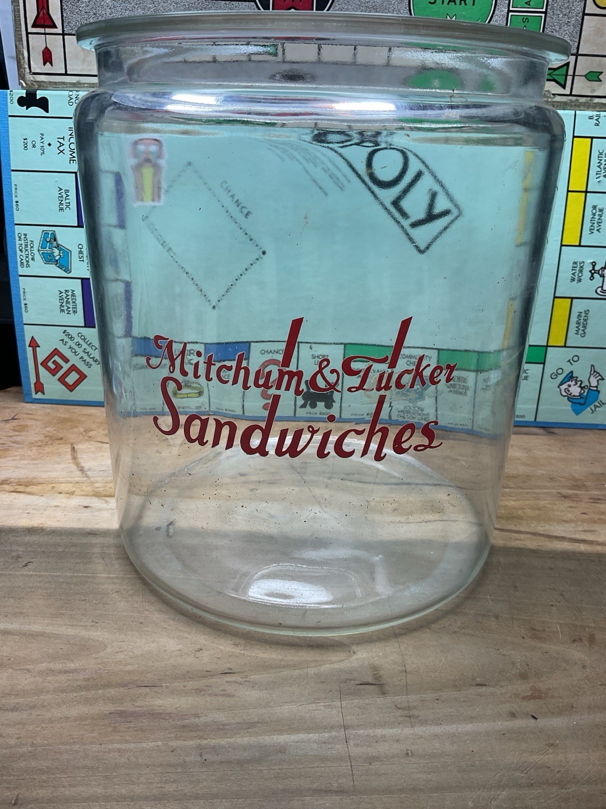 Antique Mitchum & Tucker Sandwich Glass General Store Countertop Advertising Jar