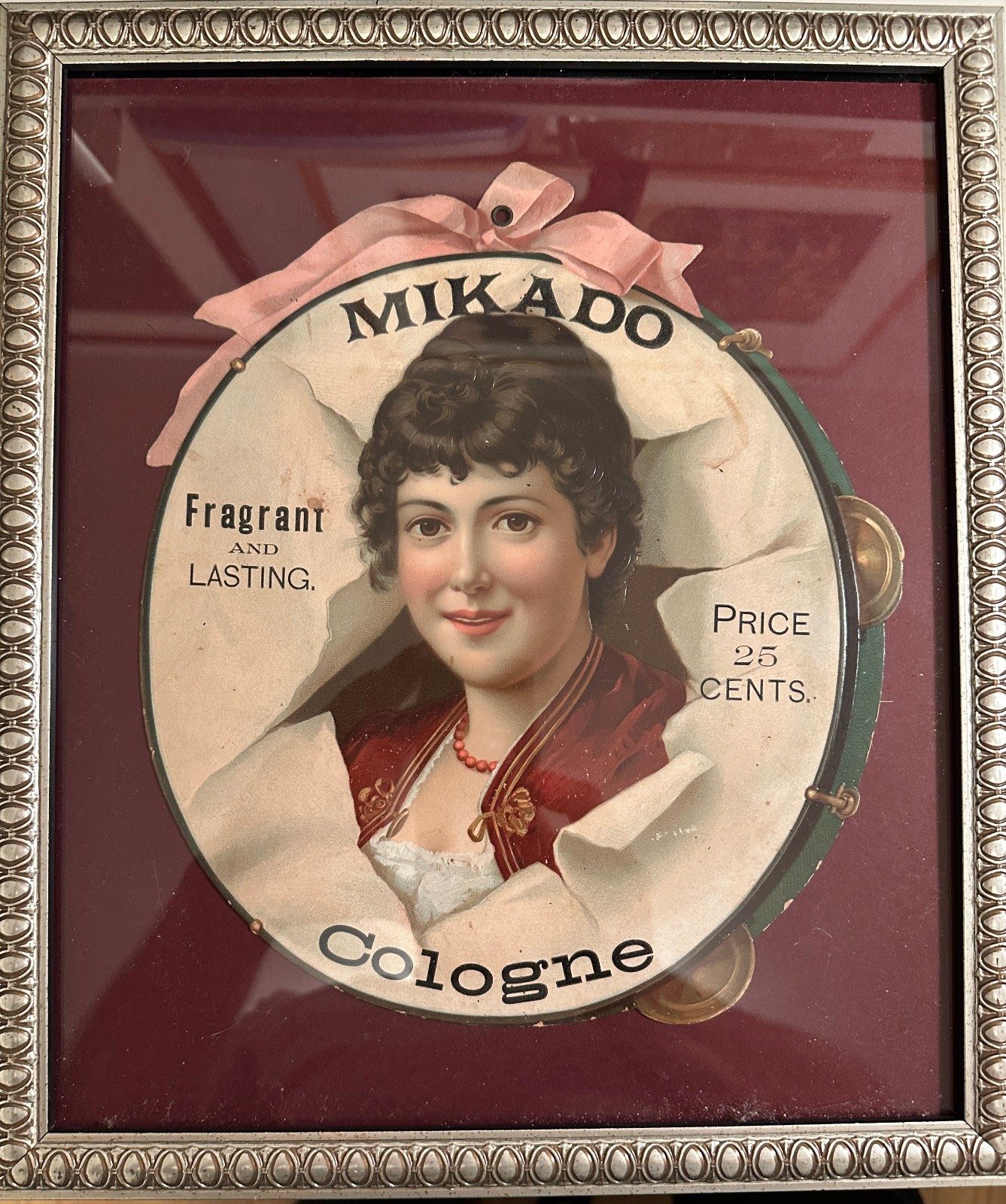 Embossed Die-cut Victorian Lithographed advertising sign framed MIKADO cologne