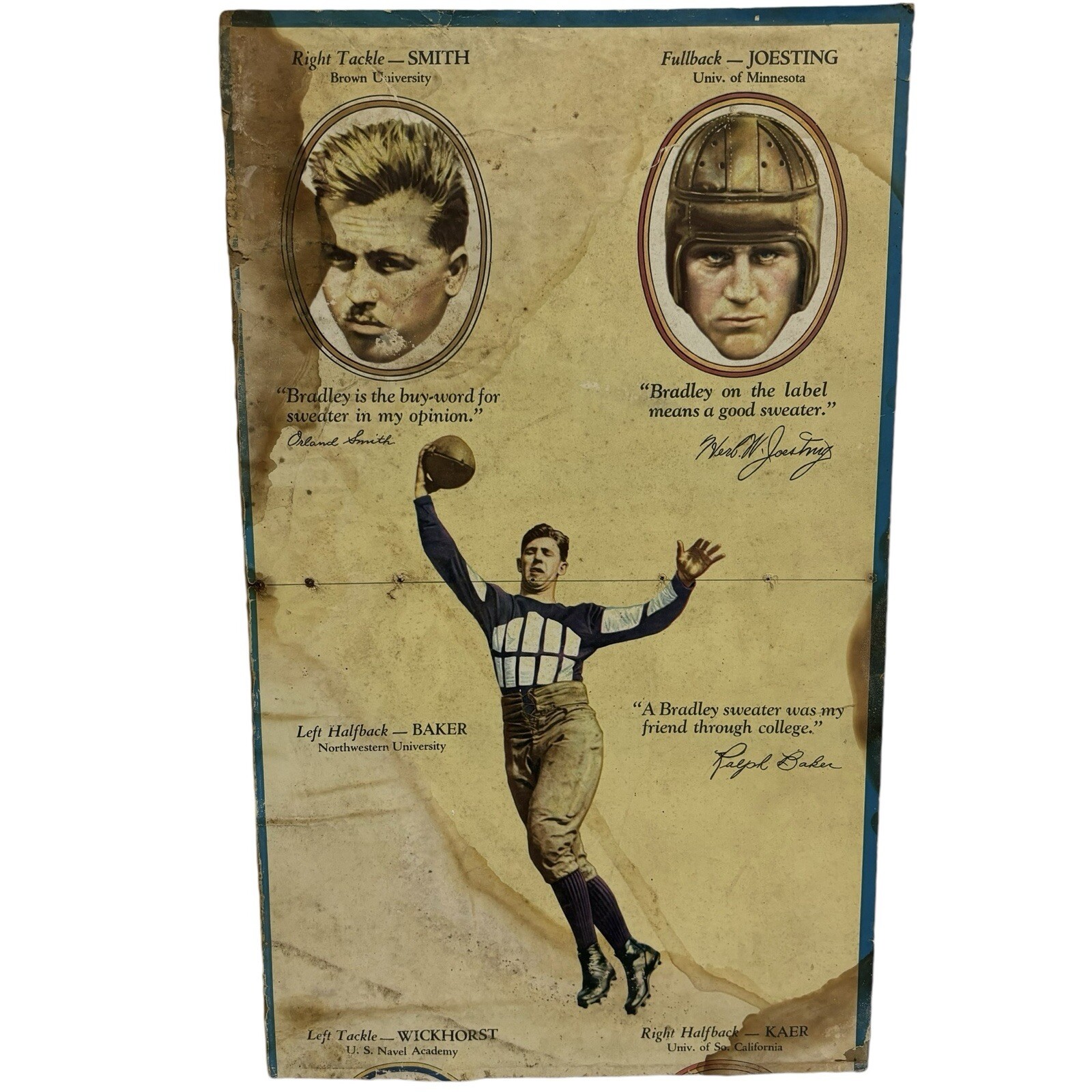 Antique 1920s Bradley Sweaters Football Uniforms Sports Store Display Sign