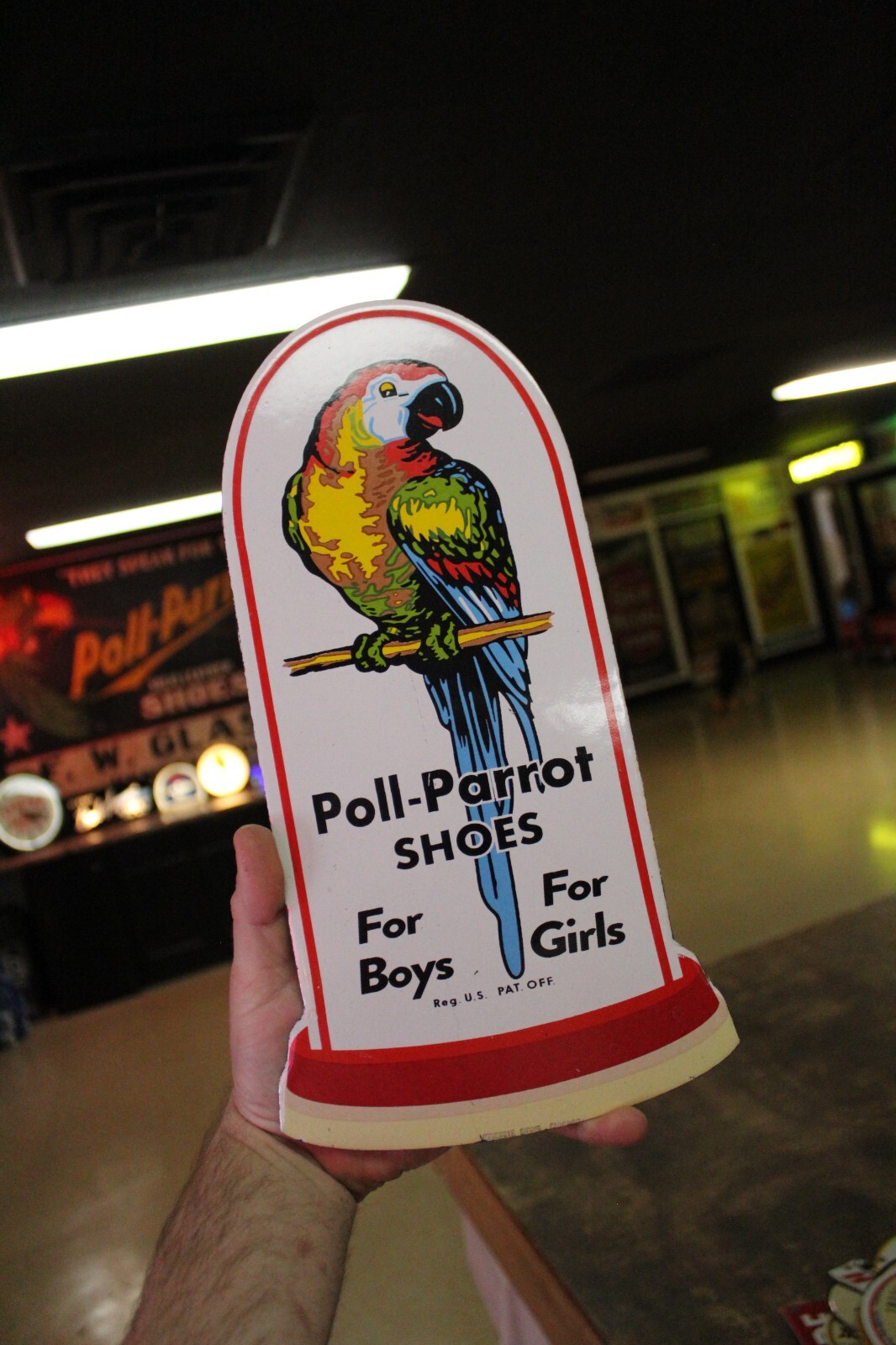 RARE POLL-PARROT SHOES BULLET STYLE DEALER PORCELAIN METAL SIGN BIRD JUNGLE GAS
