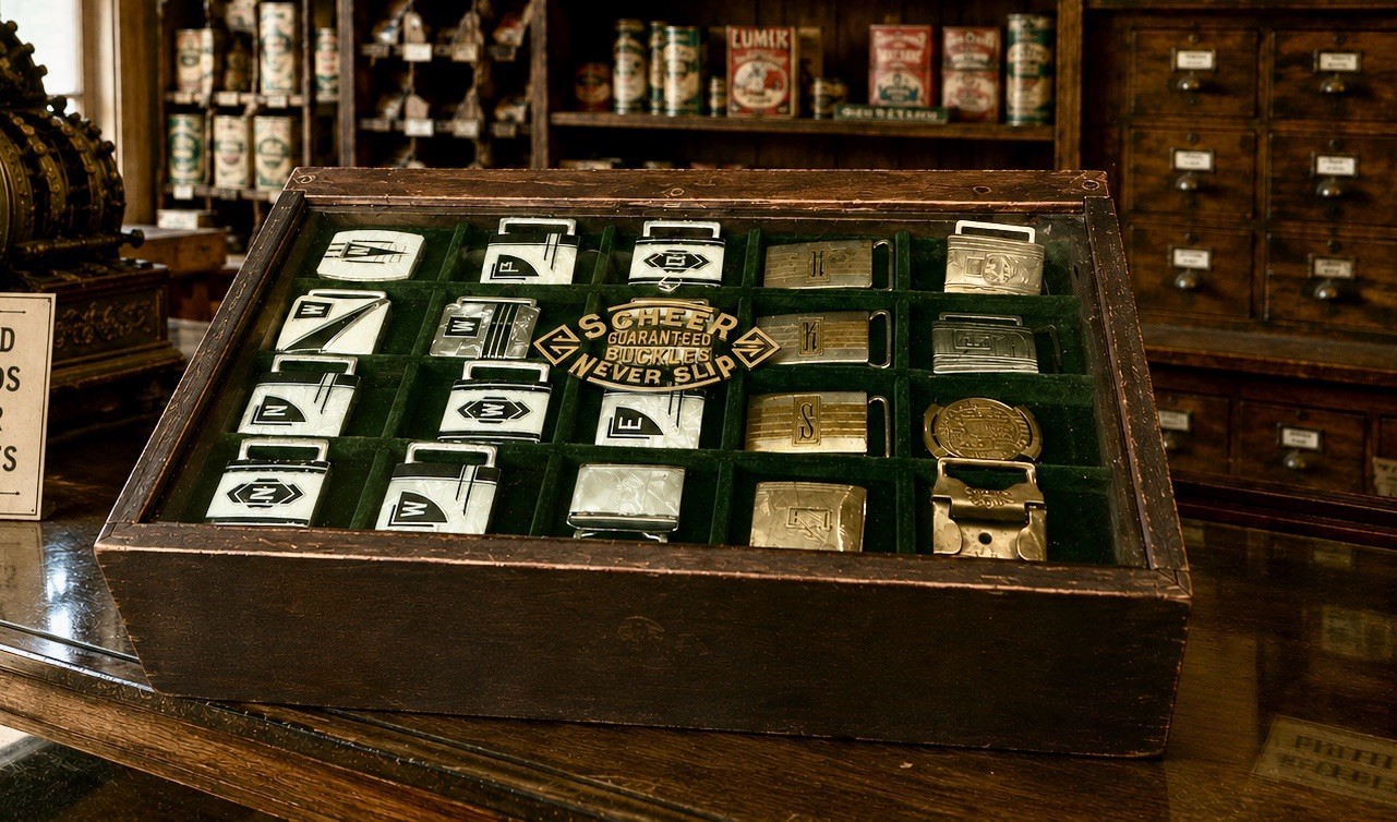 Rare SCHEER Never Slip Belt Buckle Store Display w/ Buckles & Parts Lot