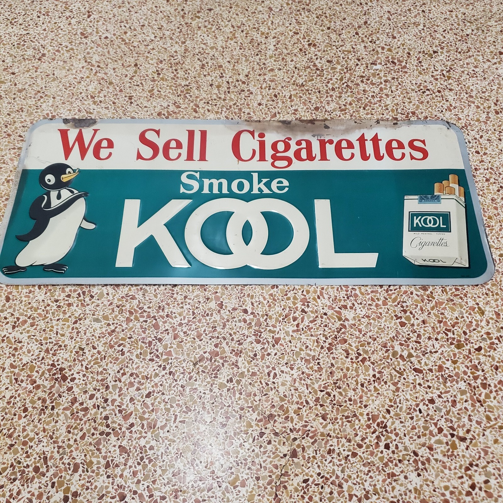 VINTAGE 1960’s KOOL LOGO METAL ADVERTISING SIGN Cigarettes EMBOSSED PENGUIN