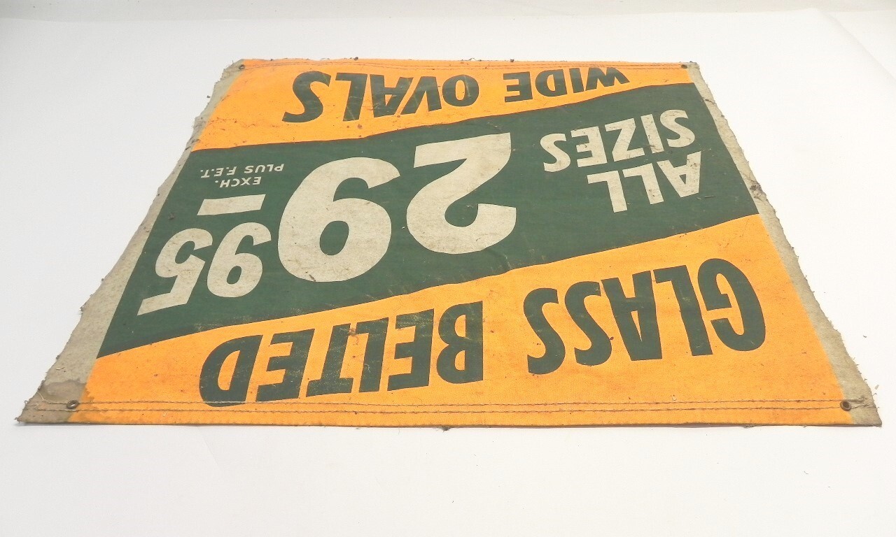 VINTAGE 1930’S-1940’S DEALER SIGN “GLASS BLETED ALL SIZES 29.95 WIDE OVALS” USED