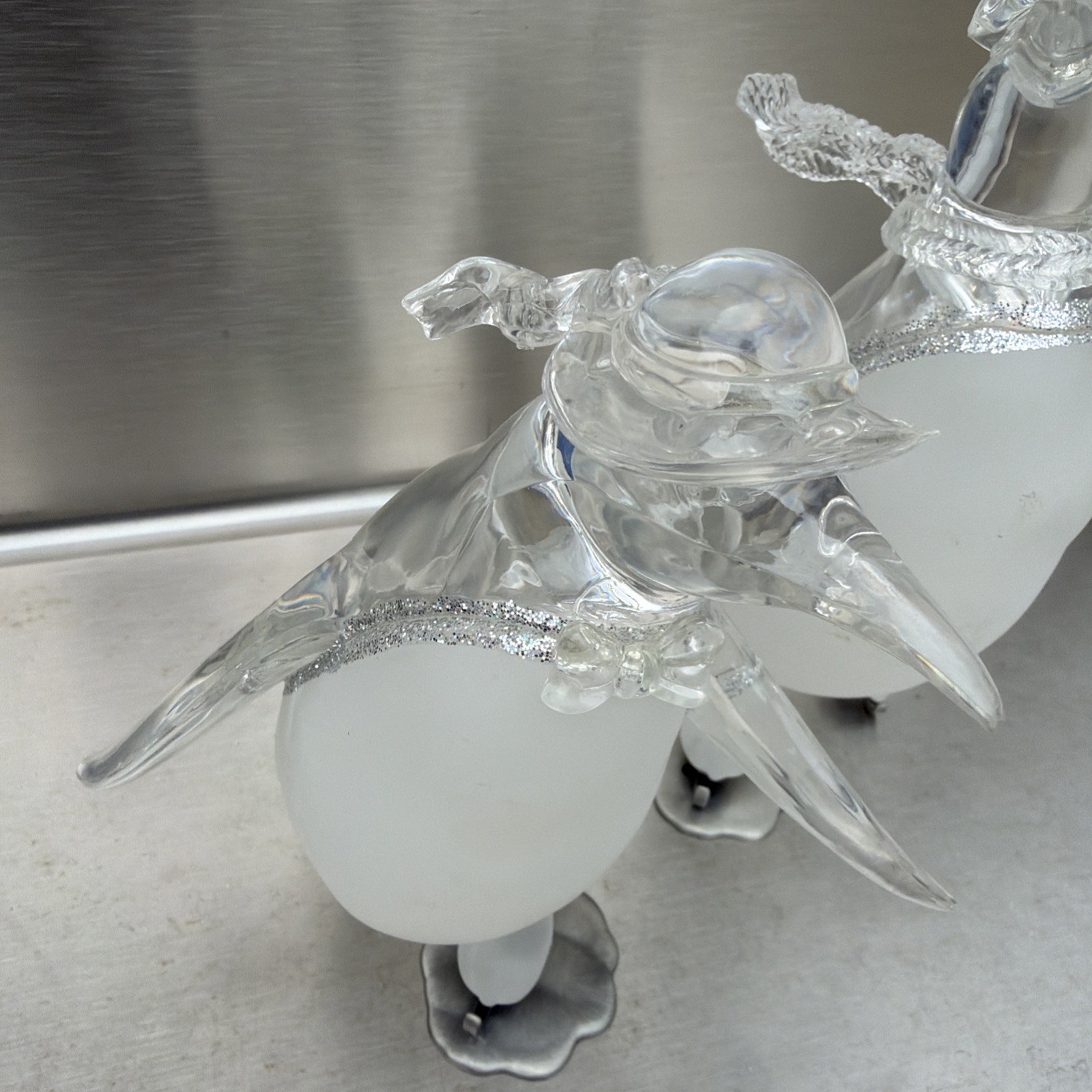 Lot Of 3 Lucite Penguin On Ice Skates MCM Clear & Frosted Movie Prop- Vintage