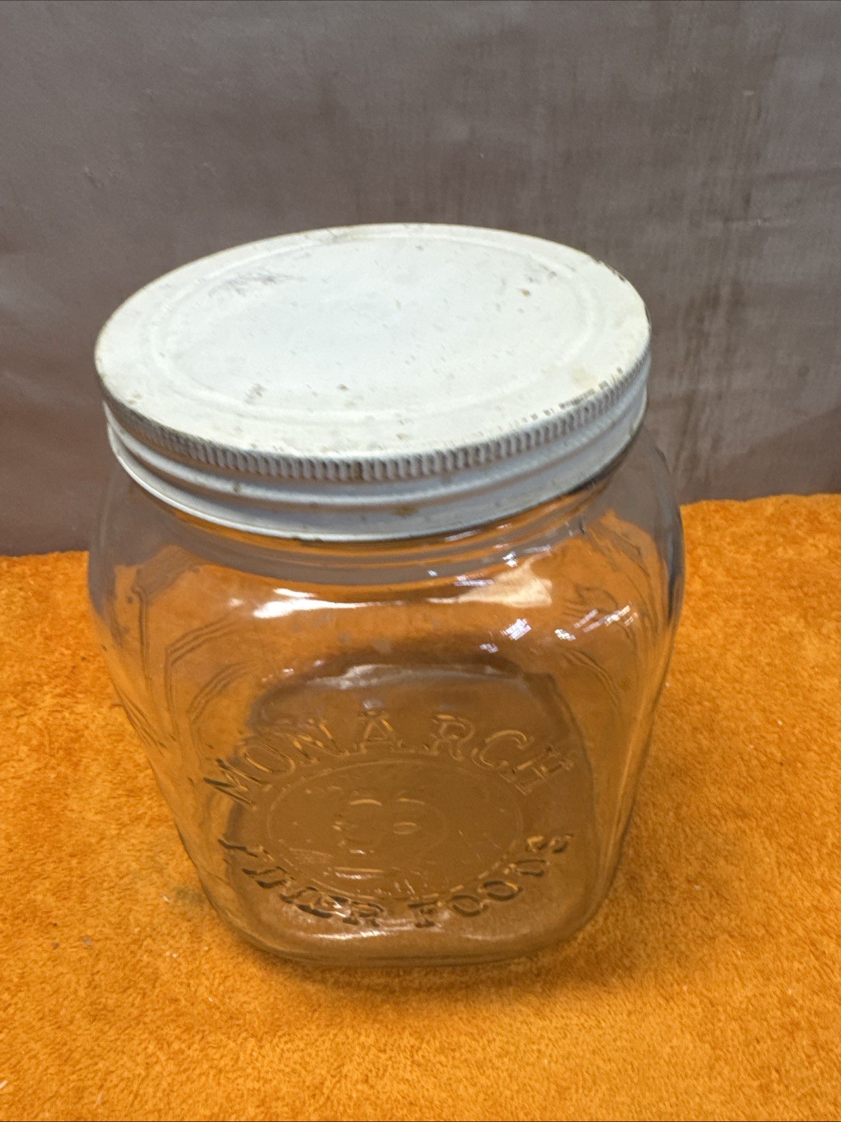 N• Vintage Large Embossed Lions Head Monarch Finer Foods Jar Kitchen Canister