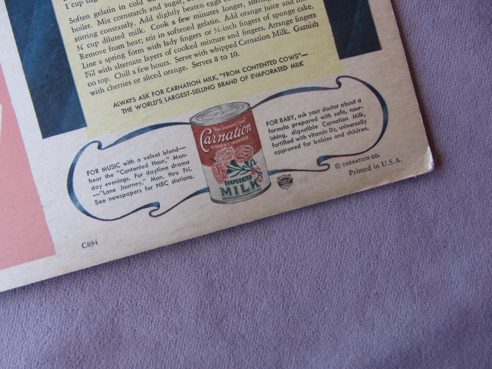 Vtg 1940s Velvet Blend Carnation Milk Cardboard Counter Display Sign Cake Recipe