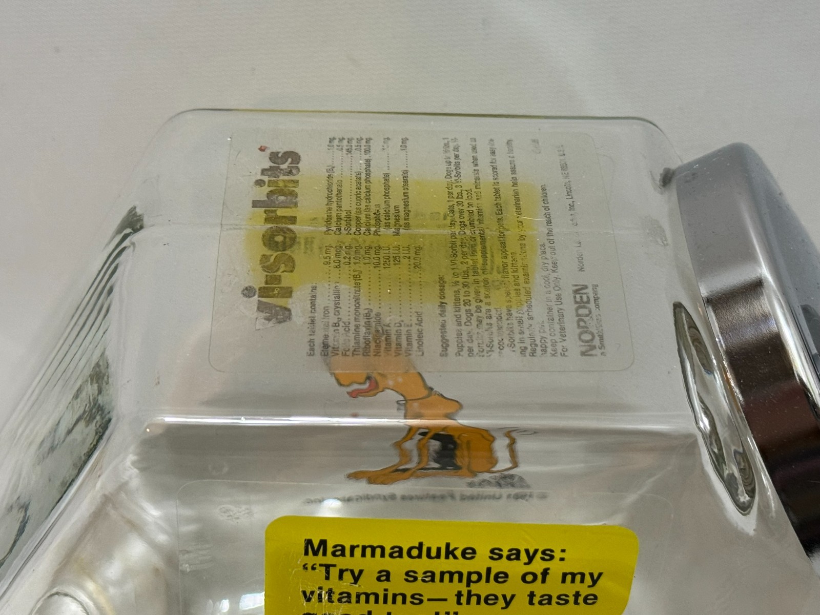 Vintage 1981 Marmaduke Retail Glass Countertop Store Display Dog Vitamin Sample