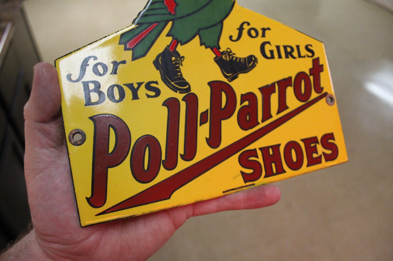 RARE POLL PARROT SHOES DEALER PORCELAIN METAL SIGN BOYS AND GIRLS BIRD ZOO GAS