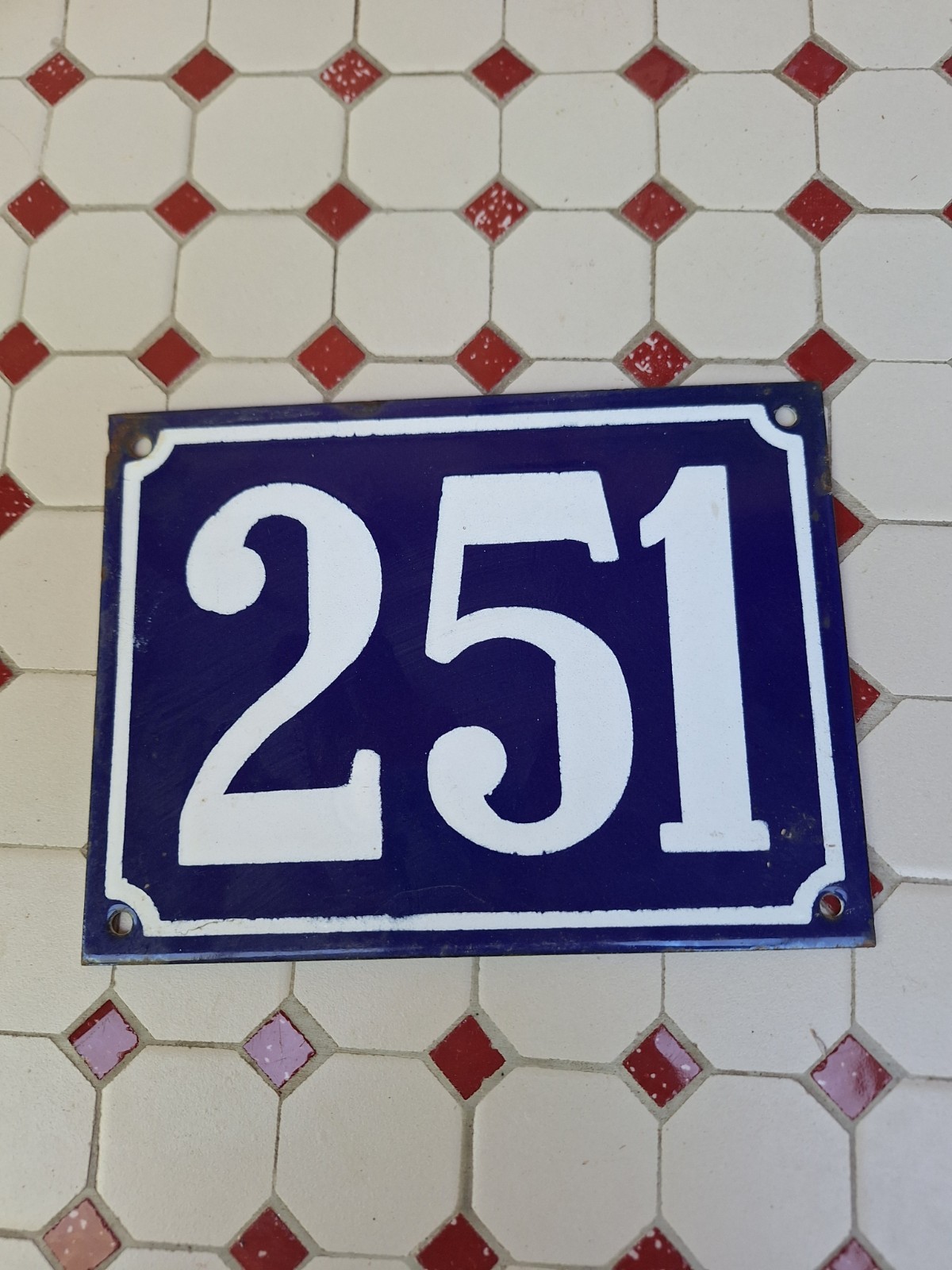 Large Antique Enameled Plaque Street Number 251 20X15cm Navy Blue Enamel