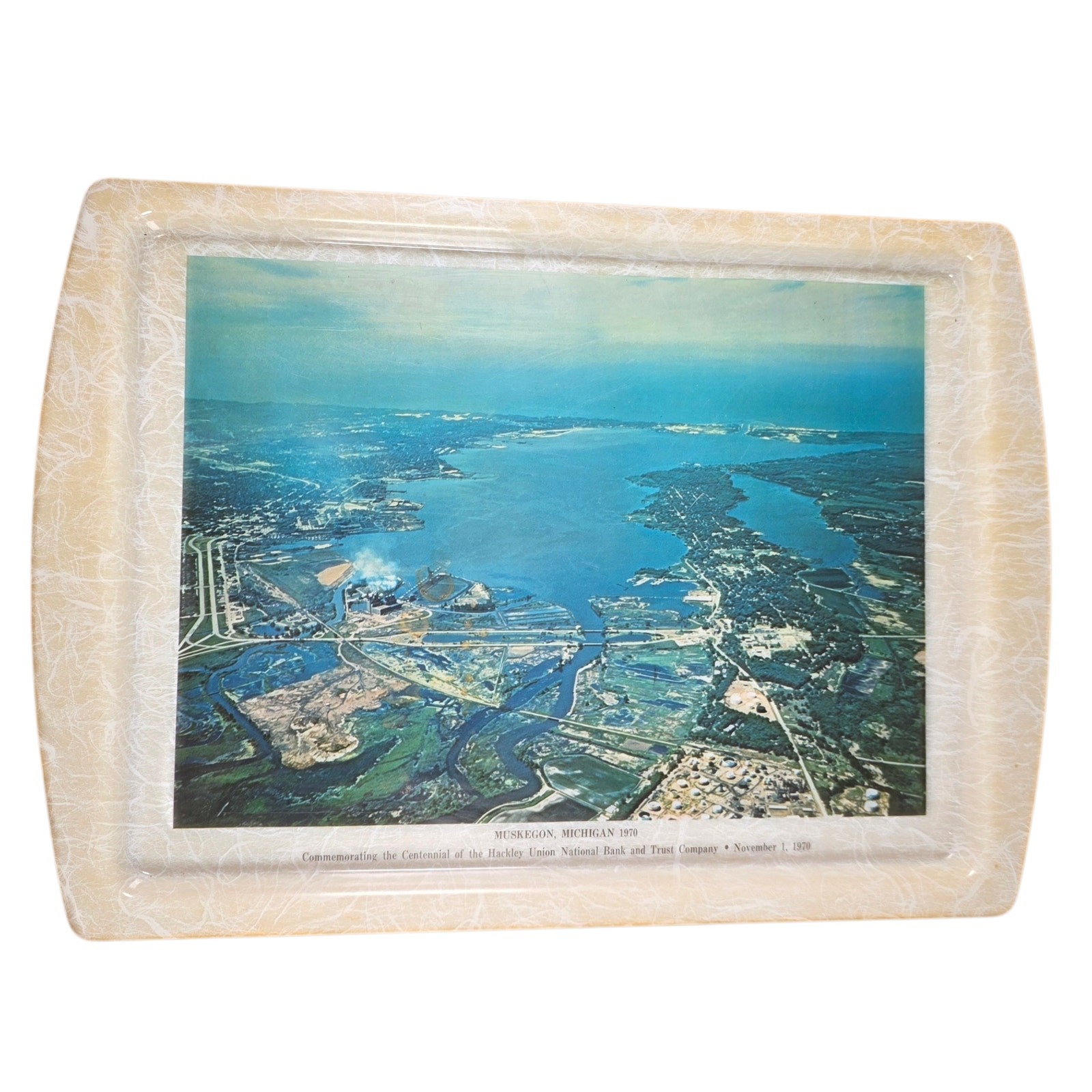 Vintage 1970 Hackley Bank Muskegon Lake Michigan Centennial Metal Serving Tray