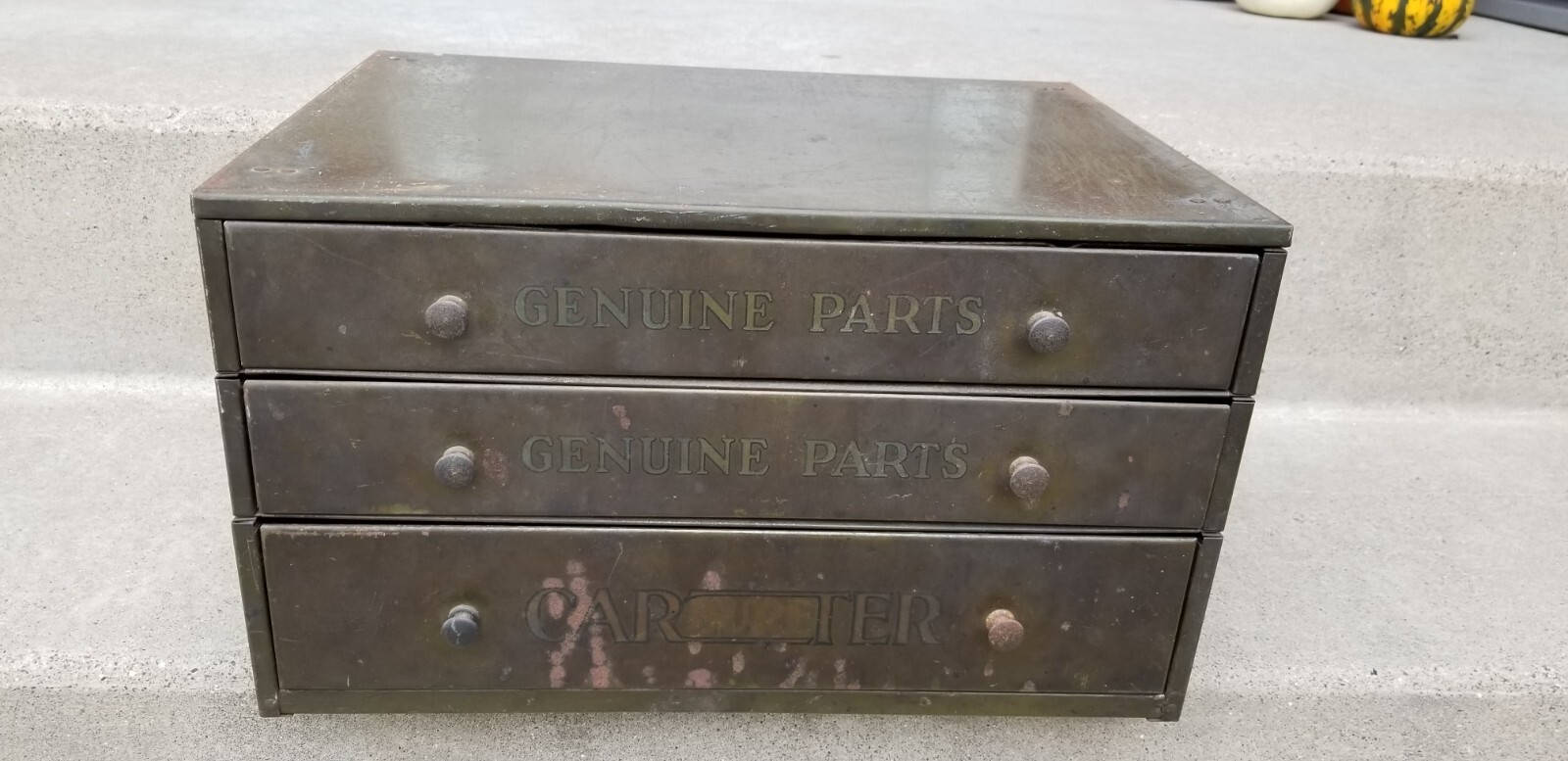 Vintage Carter Carburetor Genuine Parts Bin Cabinet Automobile Front & Back ADV!