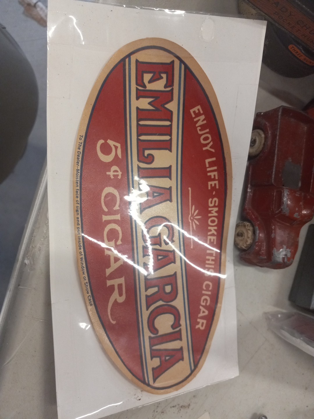 1930’s vintage EMILIA GARCIA 5¢ CIGAR large 8″ wide oval store window decal