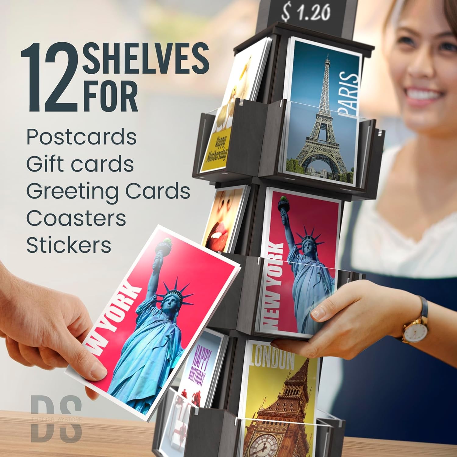 3 Tier Wooden Rotating Greeting Card Retail Display Stand Sticker Display