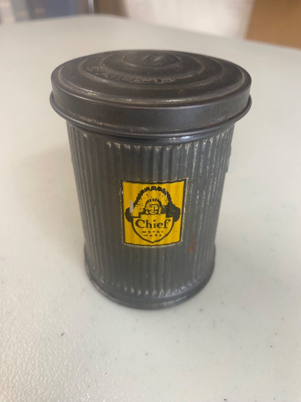Vintage Chief Metal Wares Salesman Sample Little mini garbage, trashcan, bin