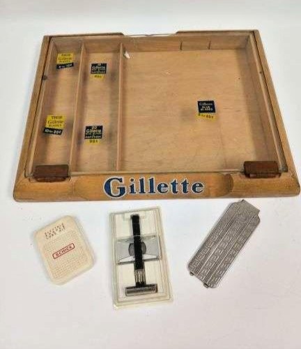 Antique Gillette Wooden Store Display Case, Razor, Blades & Vtg Schlick Lube Kit