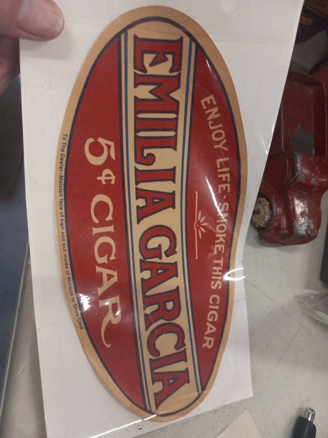 1930’s vintage EMILIA GARCIA 5¢ CIGAR large 8″ wide oval store window decal