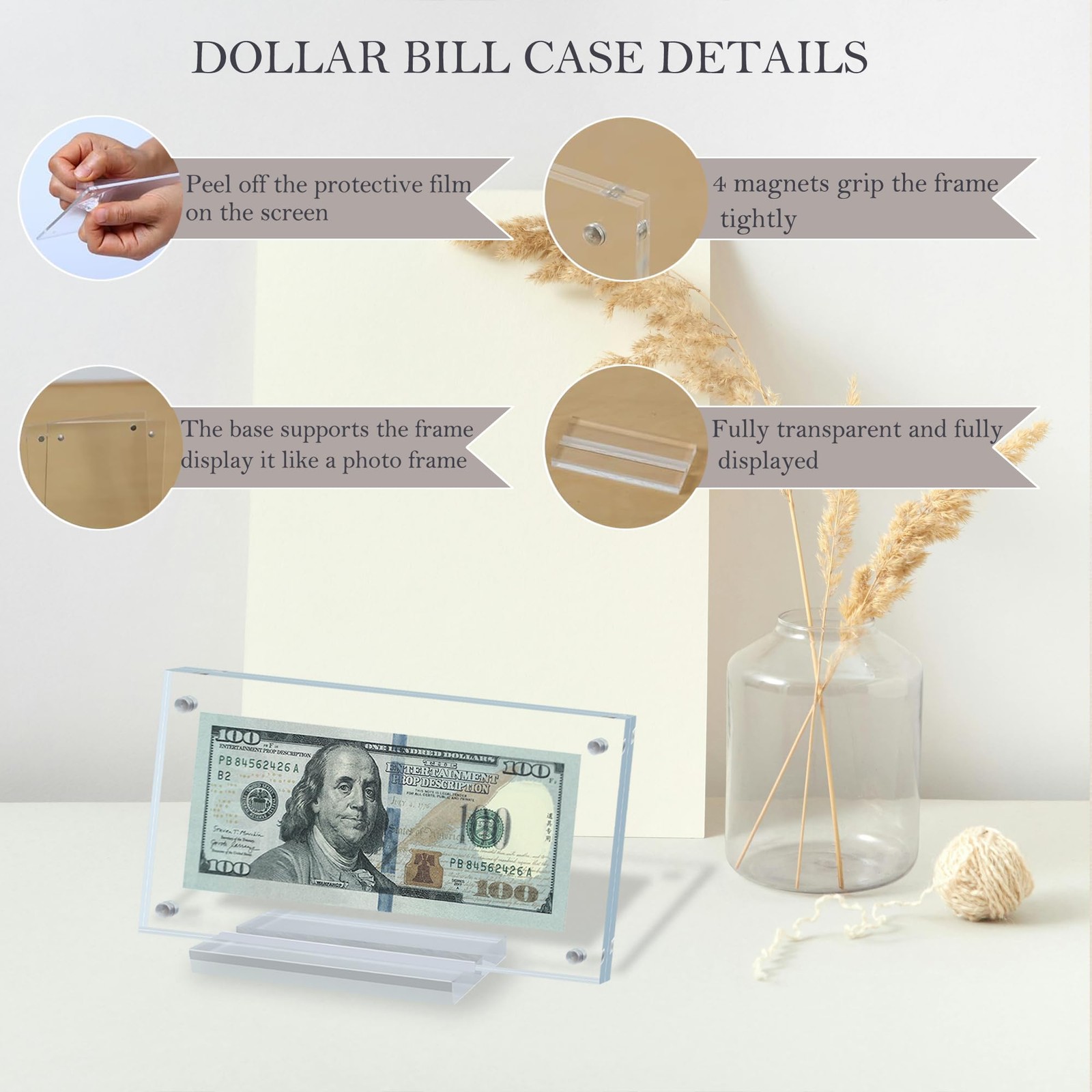 LONCHDAN Dollar Bill Frame Display Acrylic 7.8 x 3.9 inches, Transparent-1