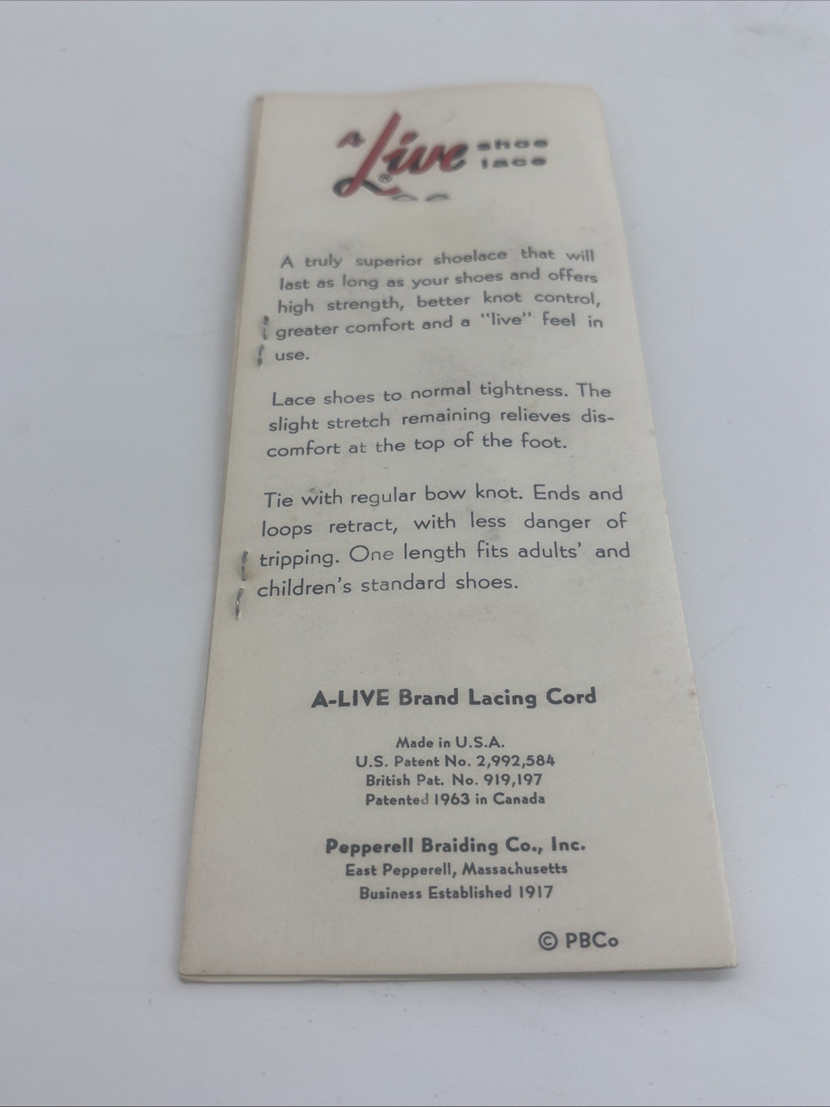 Vintage A-Live Shoelace Display Card Pepperell 1960s USA Advertising Burgundy