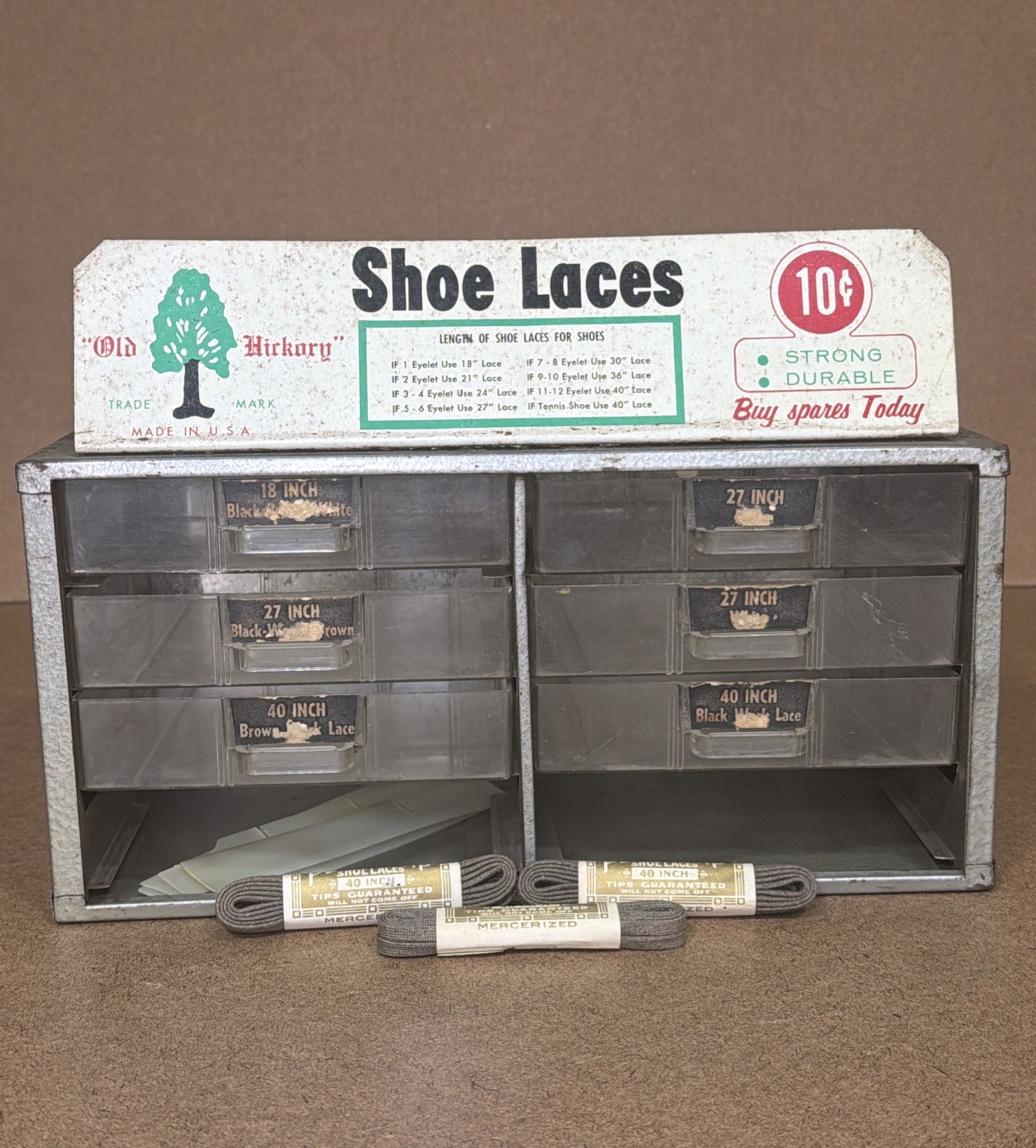 VTG Old Hickory Shoe Laces 8 Drawer Metal Countertop Display Mercantile MISSING!